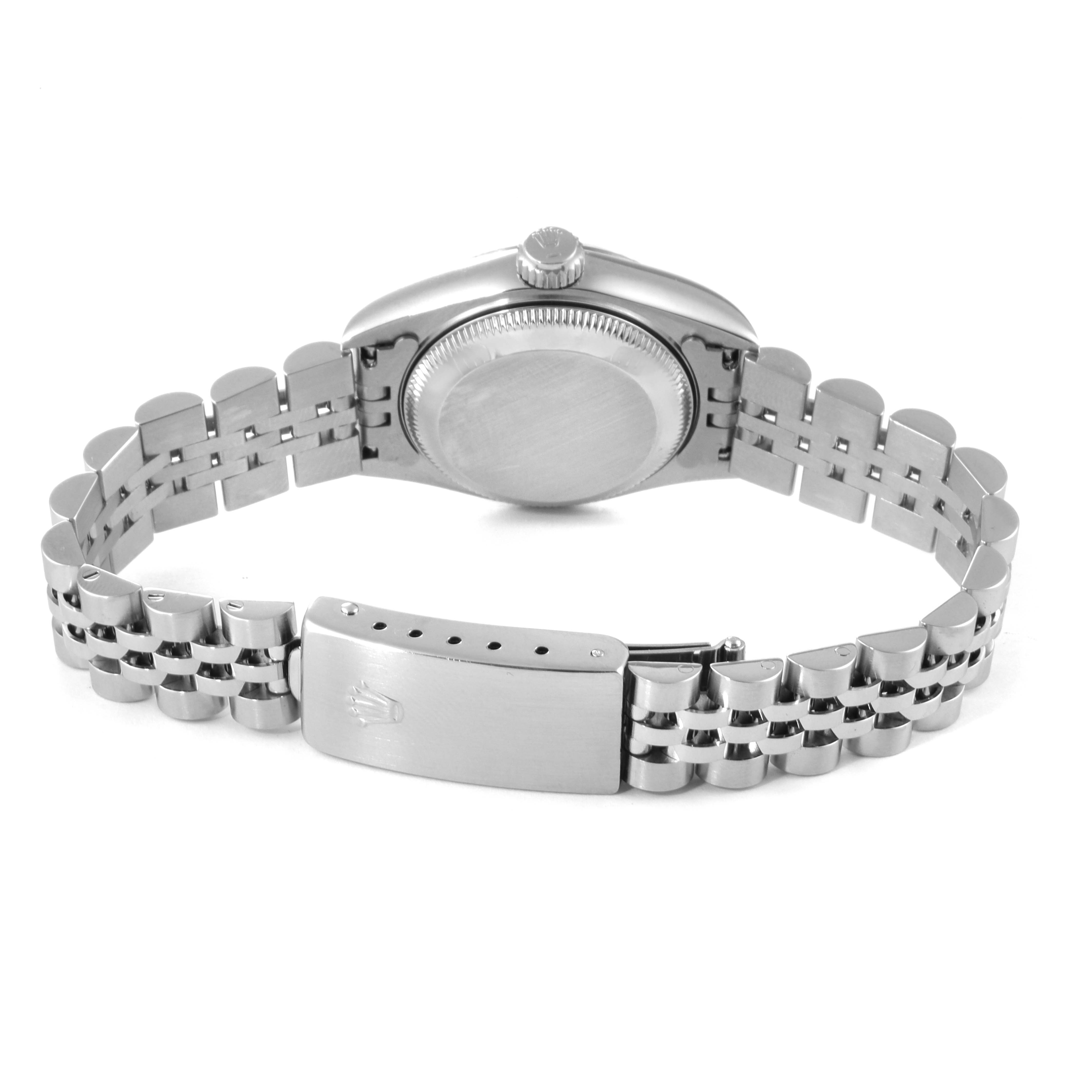 This image shows the back case and bracelet clasp of a Rolex Datejust 69174 Women
s Stainless Steel Silver Dial 69174 Women
s Stainless Steel Silver Dial watch.