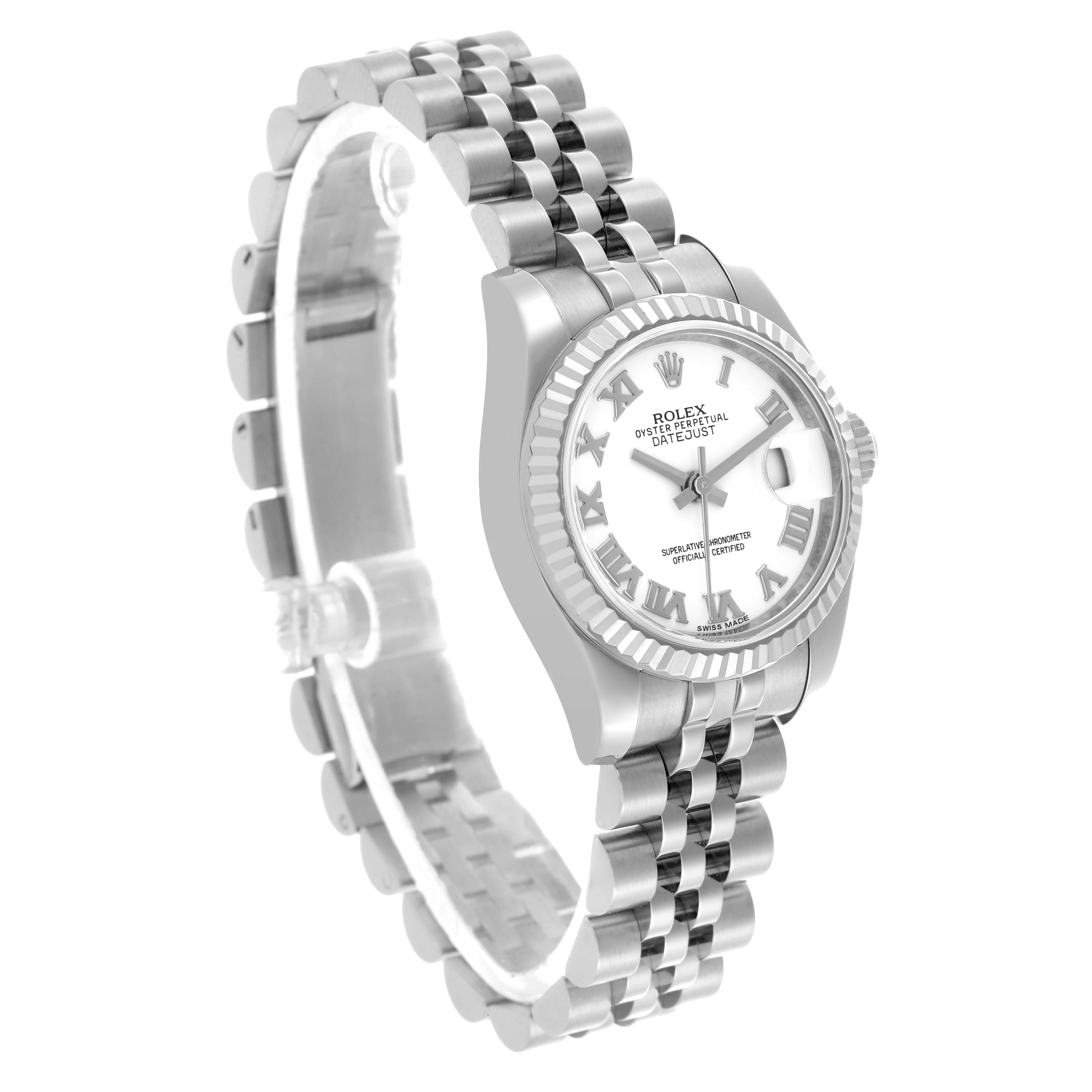 The Rolex Datejust 179174 Women's Stainless Steel White Dial 179174 Women's Stainless Steel White Dial watch is shown at a slight angle, displaying the face, bezel, and bracelet clearly.
