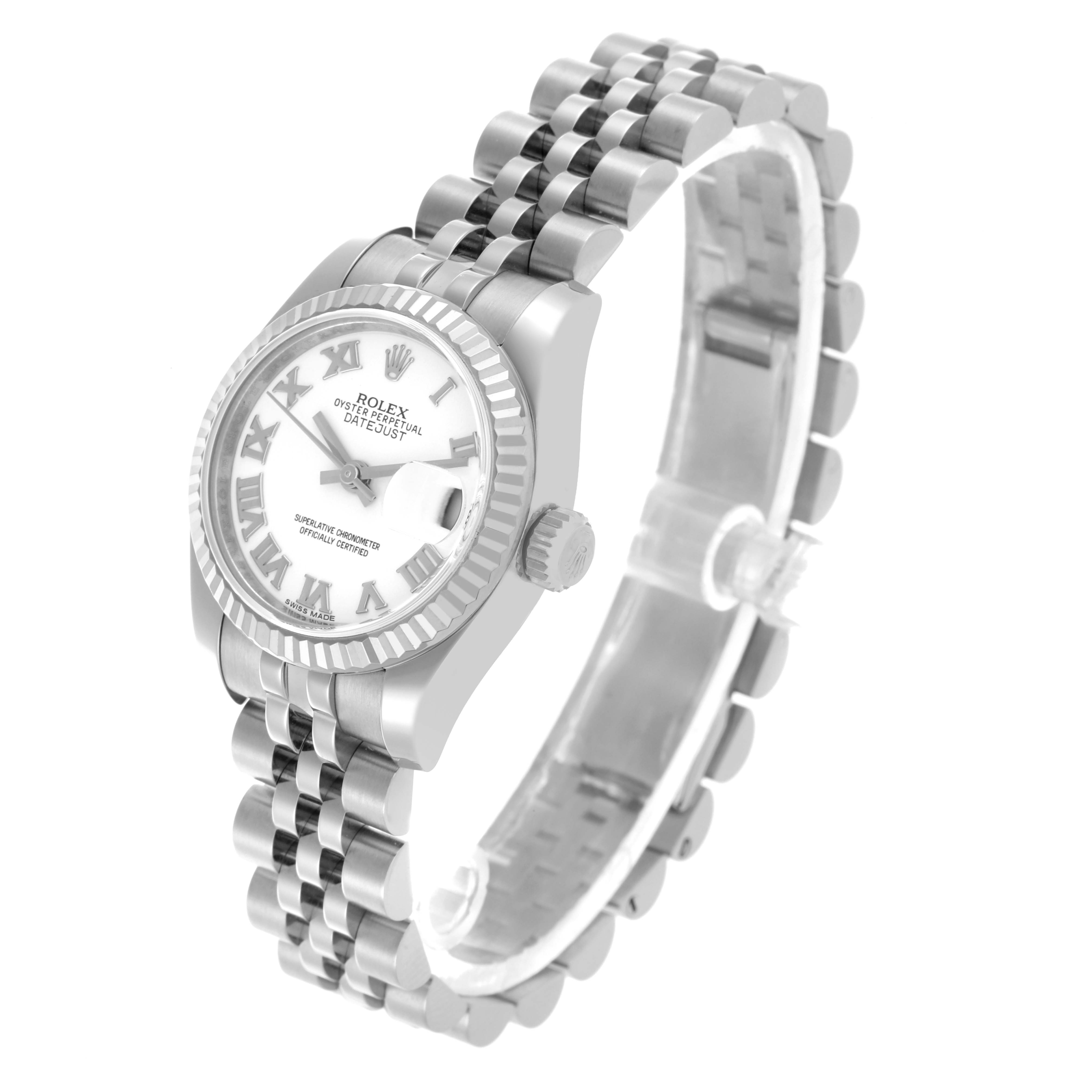 The Rolex Datejust 179174 Women's Stainless Steel White Dial 179174 Women's Stainless Steel White Dial watch is shown at an angled view, highlighting the case, dial, bezel, crown, and bracelet.