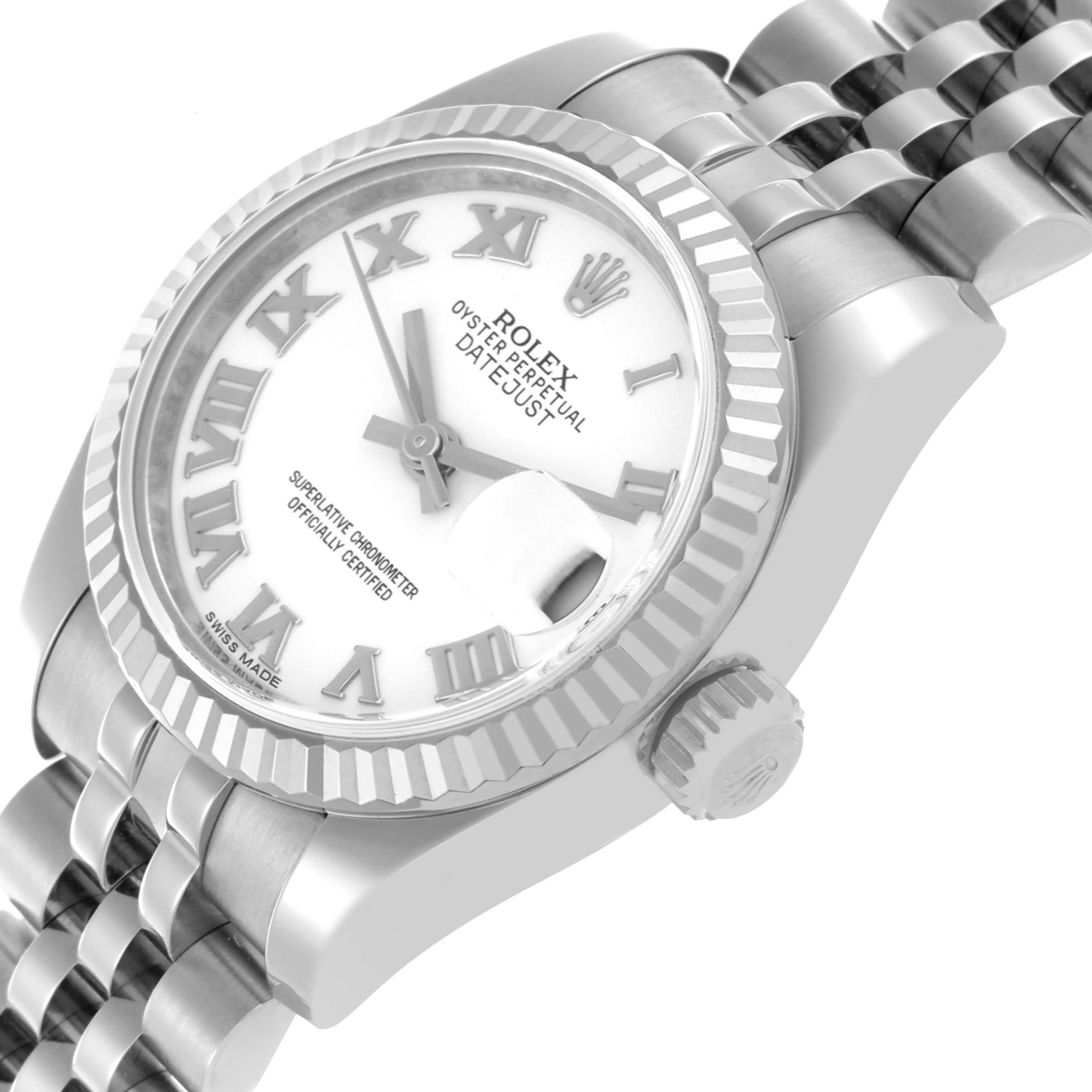 The Rolex Datejust 179174 Women's Stainless Steel White Dial 179174 Women's Stainless Steel White Dial is shown at an angled side view, highlighting the bezel, crown, and part of the bracelet.
