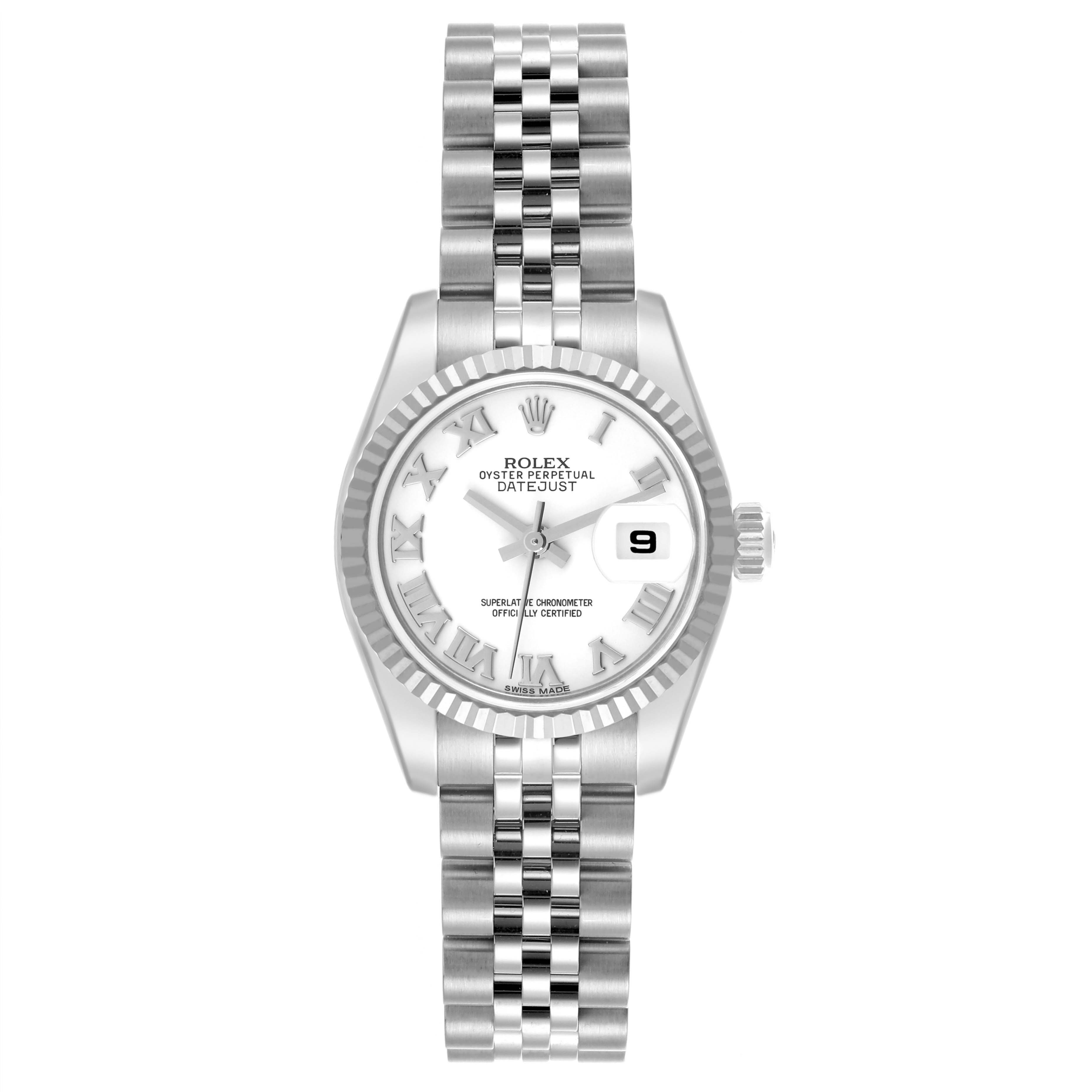 The Rolex Datejust 179174 Women's Stainless Steel White Dial 179174 Women's Stainless Steel White Dial watch is shown from a top-down angle, displaying the face, bezel, and bracelet.