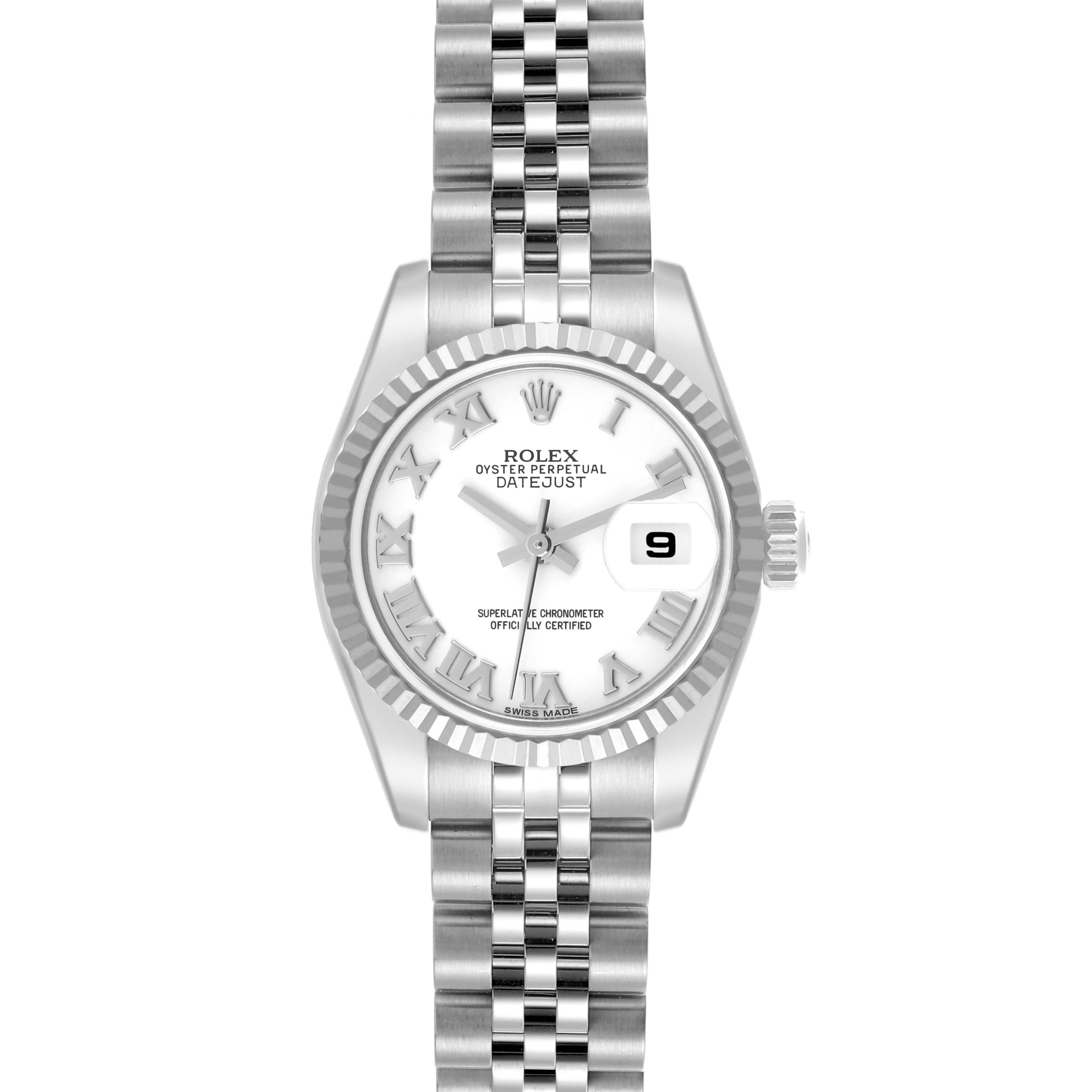 The image shows a front view of the Rolex Datejust 179174 Women's Stainless Steel White Dial 179174 Women's Stainless Steel White Dial watch, displaying the dial, bezel, and part of the bracelet.