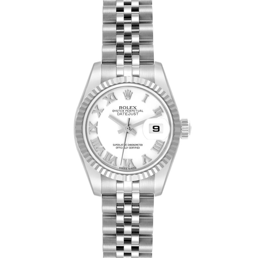 The image shows a front view of the Rolex Datejust watch, displaying the dial, bezel, and part of the bracelet.