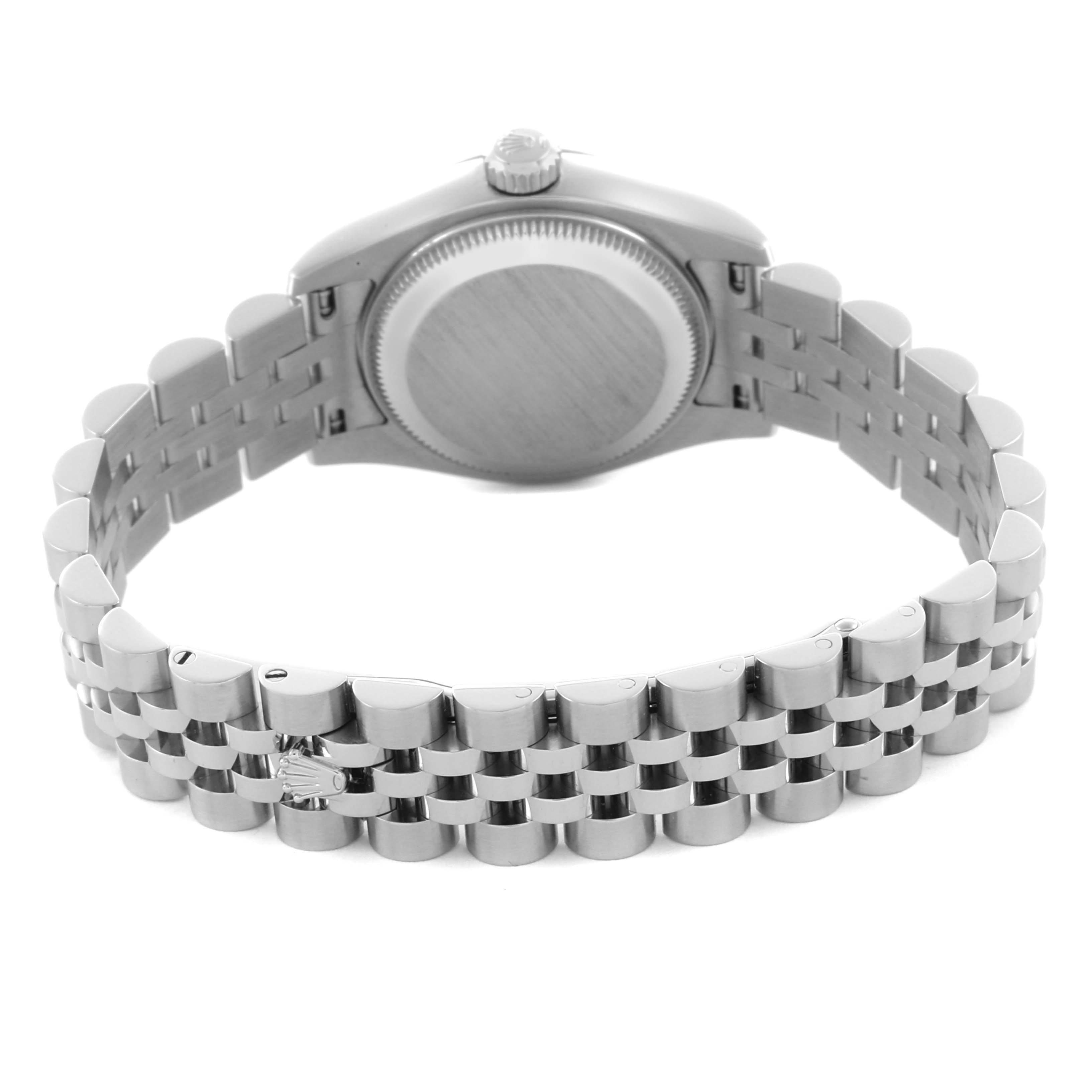The image shows the back view of a Rolex Datejust 179174 Women's Stainless Steel White Dial 179174 Women's Stainless Steel White Dial, focusing on the case back and jubilee bracelet.
