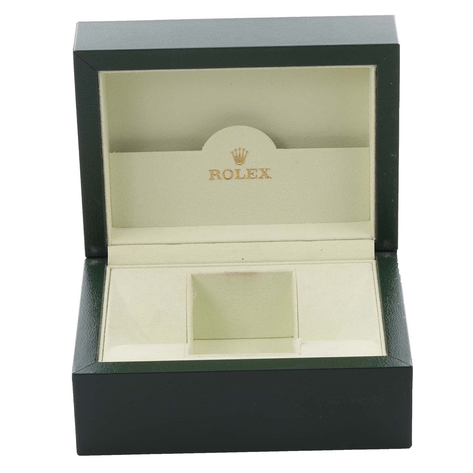 The image shows an open Rolex Datejust 179174 Women's Stainless Steel White Dial 179174 Women's Stainless Steel White Dial watch box from the front angle, highlighting its interior.