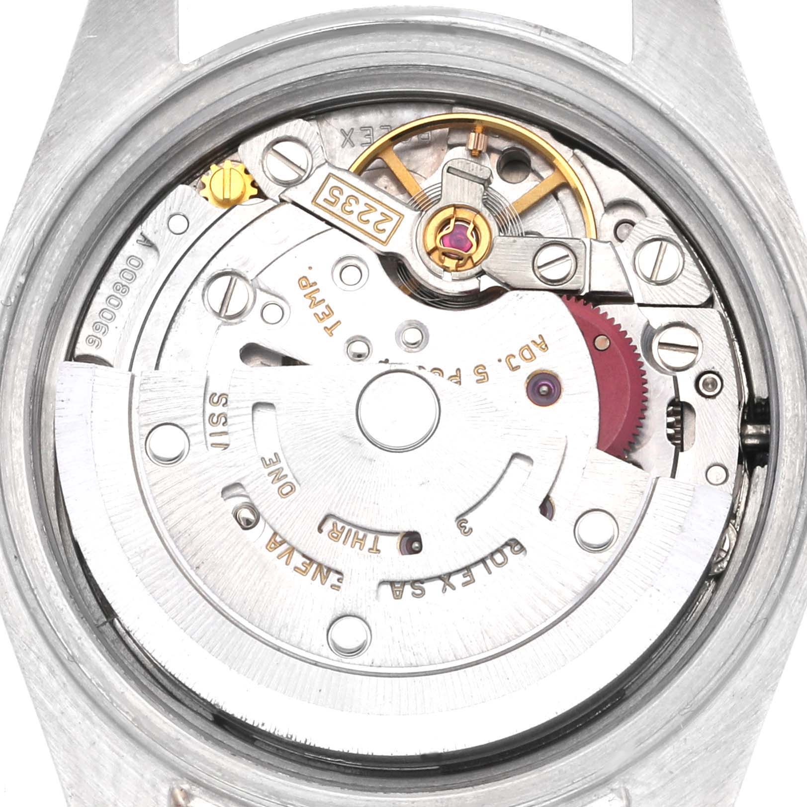 The image shows the movement and internal mechanics of a Rolex Datejust 79173 Women's Steel and Gold (two tone) Champagne Dial 79173 Women's Steel and Gold (two tone) Champagne Dial watch from a top-down angle.