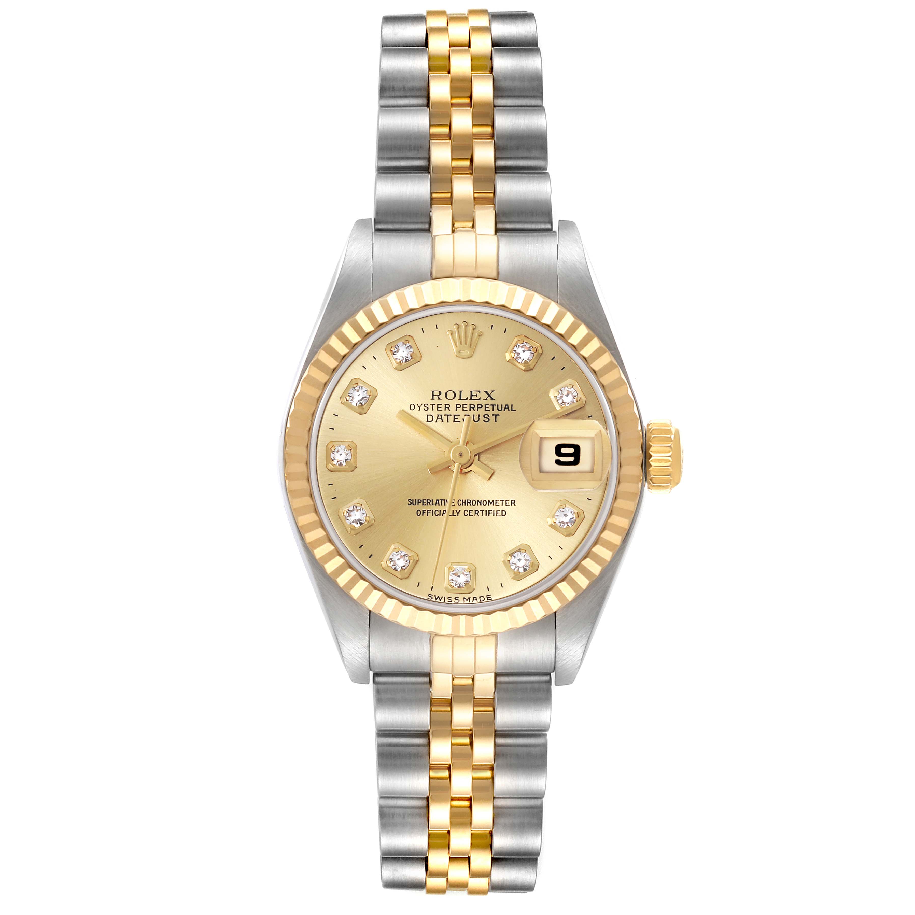 The Rolex Datejust 79173 Women's Steel and Gold (two tone) Champagne Dial 79173 Women's Steel and Gold (two tone) Champagne Dial watch is shown from the front, displaying the dial, fluted bezel, and two-tone Jubilee bracelet.