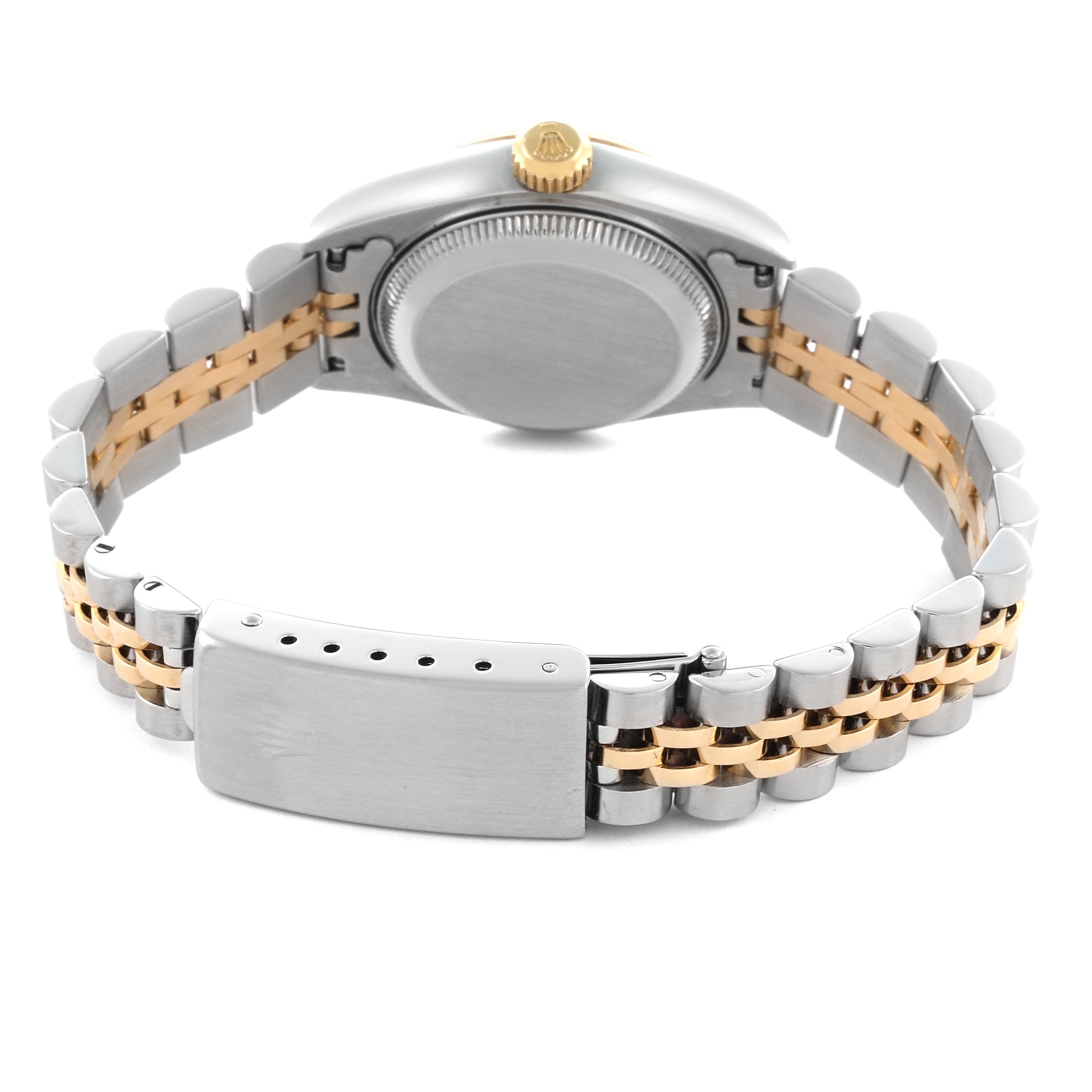 The image shows the back case and bracelet of a Rolex Datejust 79173 Women's Steel and Gold (two tone) Champagne Dial 79173 Women's Steel and Gold (two tone) Champagne Dial, featuring two-tone metal and a closed clasp.