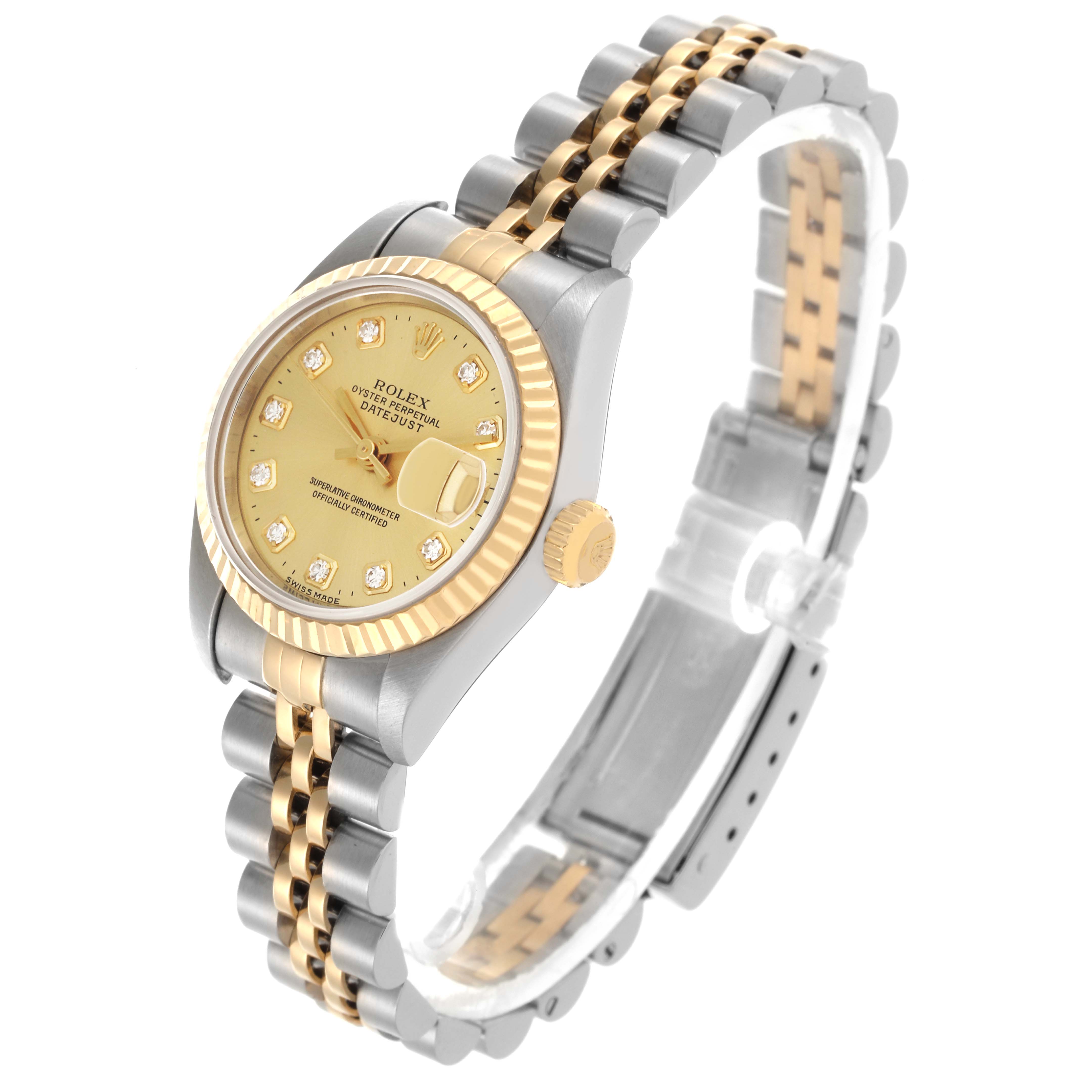 The Rolex Datejust 79173 Women's Steel and Gold (two tone) Champagne Dial 79173 Women's Steel and Gold (two tone) Champagne Dial watch is shown at a three-quarter angle, displaying its face, bezel, crown, and bracelet clearly.