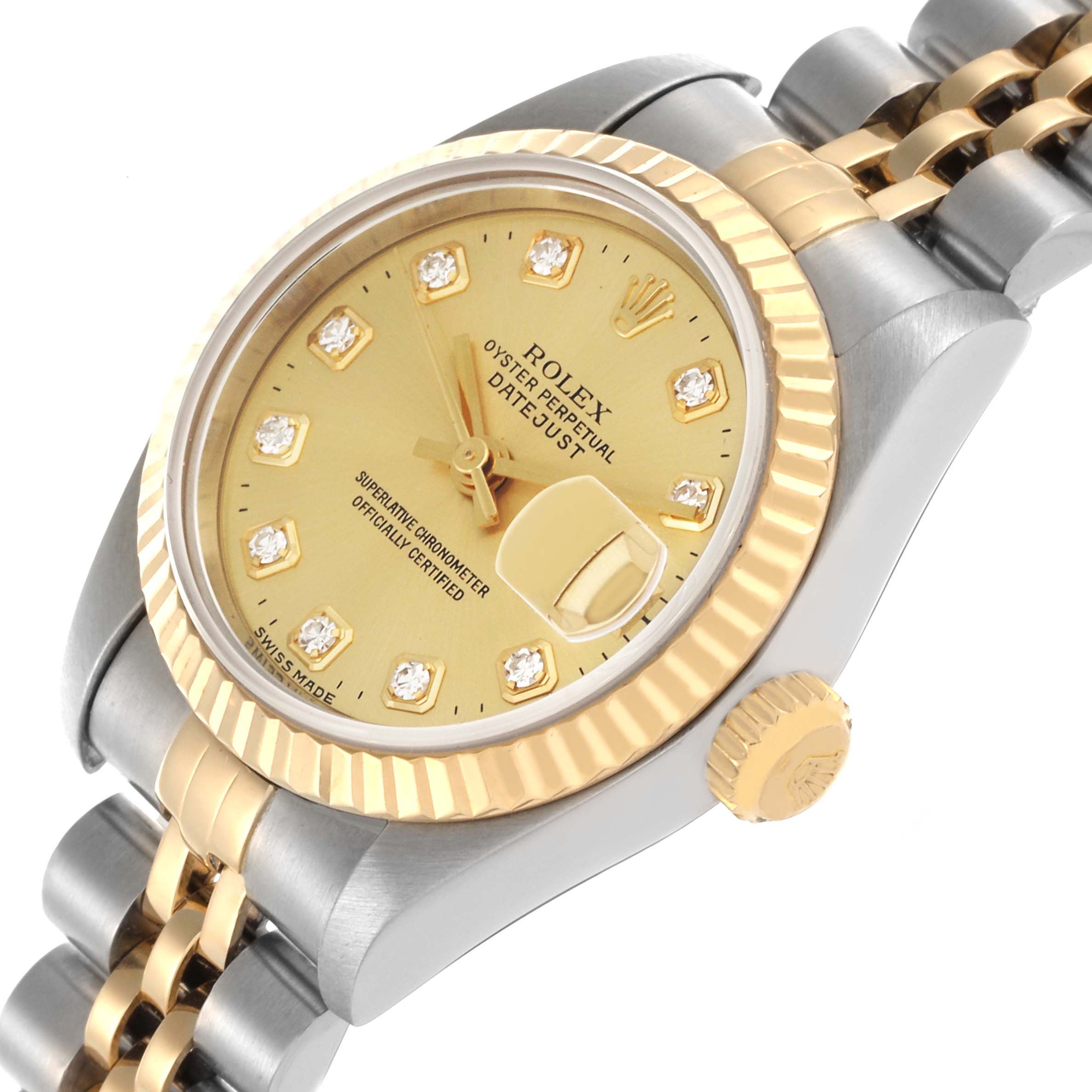 The Rolex Datejust 79173 Women's Steel and Gold (two tone) Champagne Dial 79173 Women's Steel and Gold (two tone) Champagne Dial watch is shown at a slight angle, highlighting the dial, bezel, crown, and part of the bracelet.