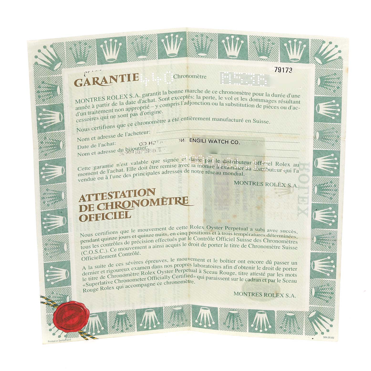 The image shows a warranty certificate for the Rolex Datejust 79173 Women's Steel and Gold (two tone) Champagne Dial 79173 Women's Steel and Gold (two tone) Champagne Dial model.