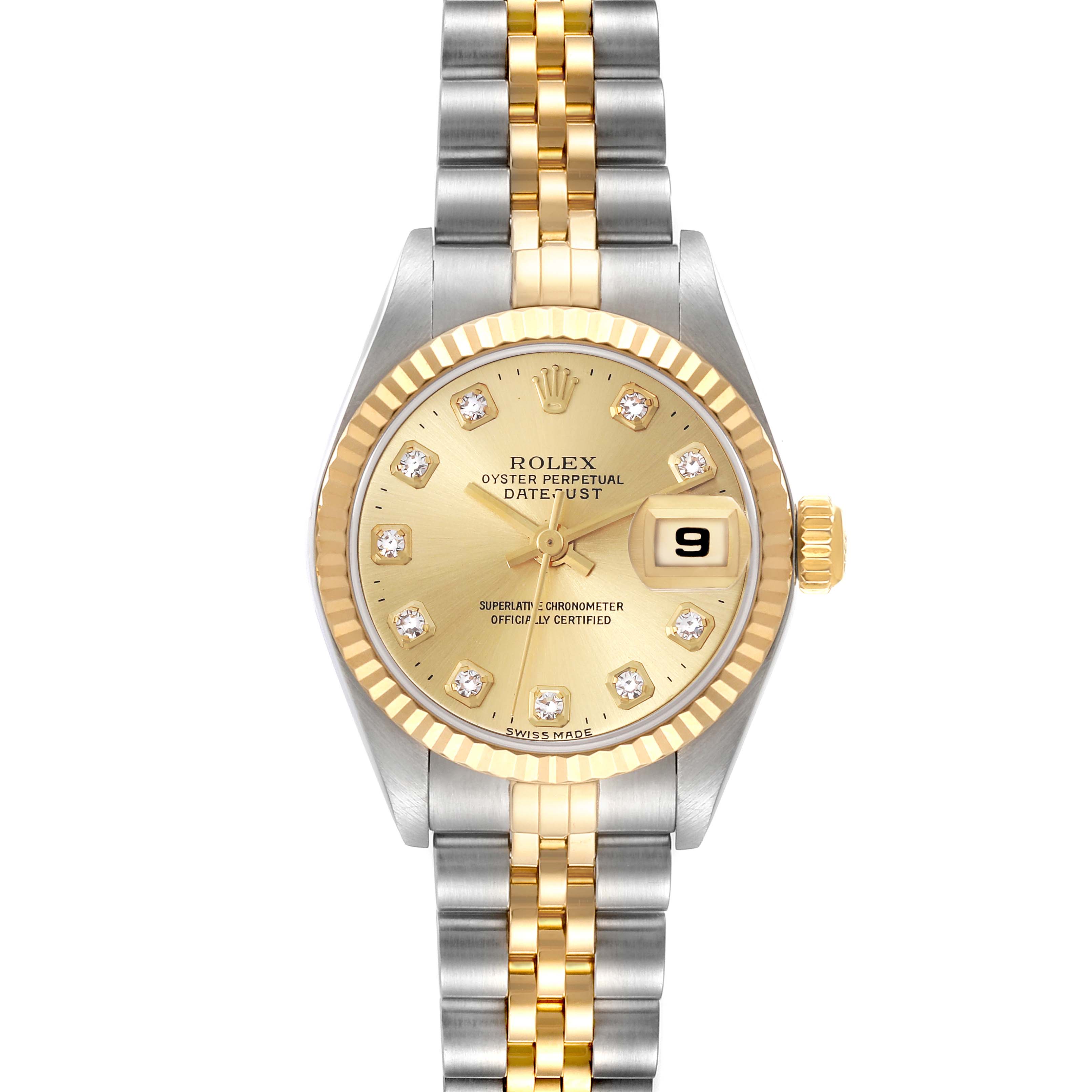 The Rolex Datejust 79173 Women's Steel and Gold (two tone) Champagne Dial 79173 Women's Steel and Gold (two tone) Champagne Dial watch is shown from a top-down angle, displaying its face and two-tone bracelet.