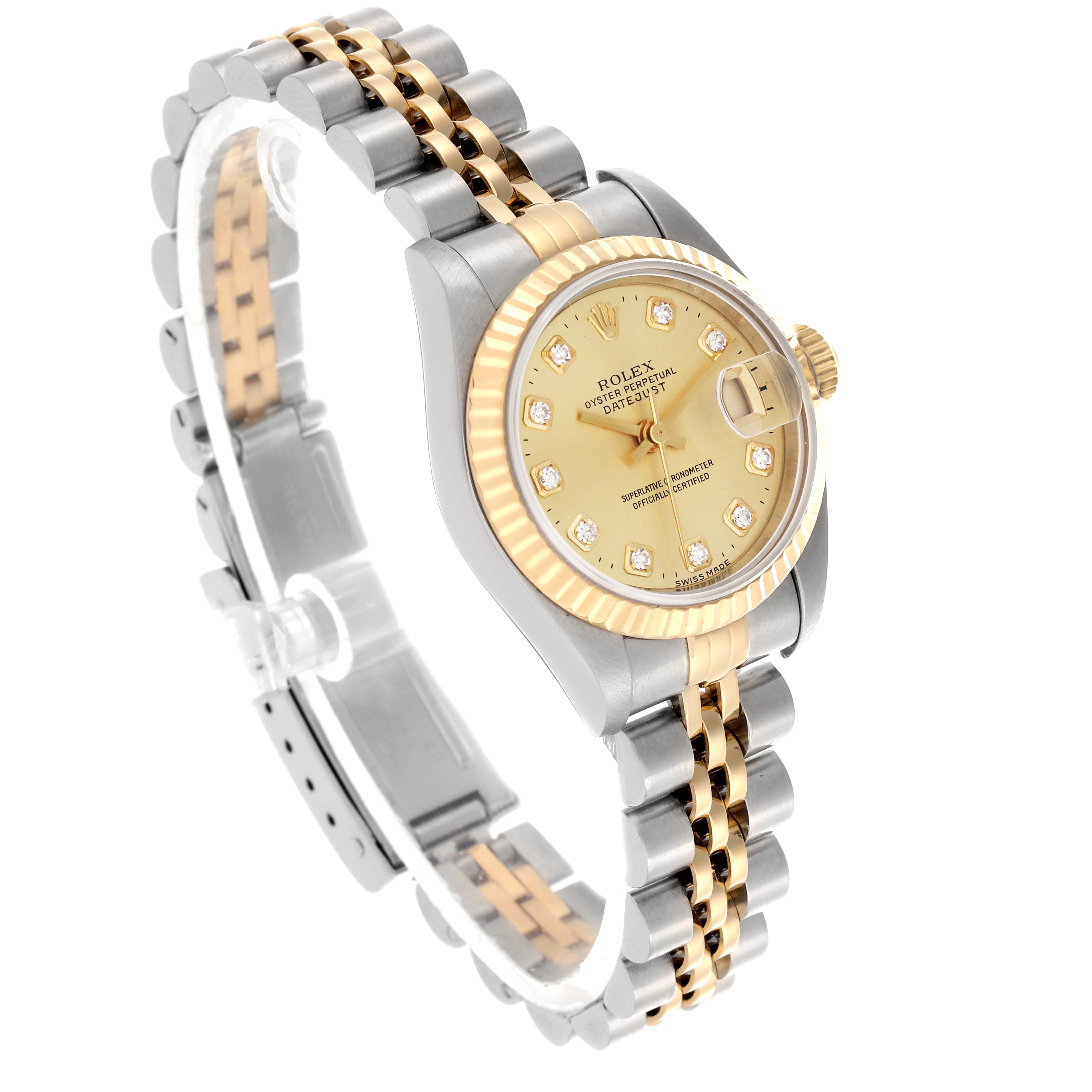 This Rolex Datejust 79173 Women's Steel and Gold (two tone) Champagne Dial 79173 Women's Steel and Gold (two tone) Champagne Dial watch is shown at a three-quarter angle, featuring the dial, bezel, crown, and two-tone bracelet.