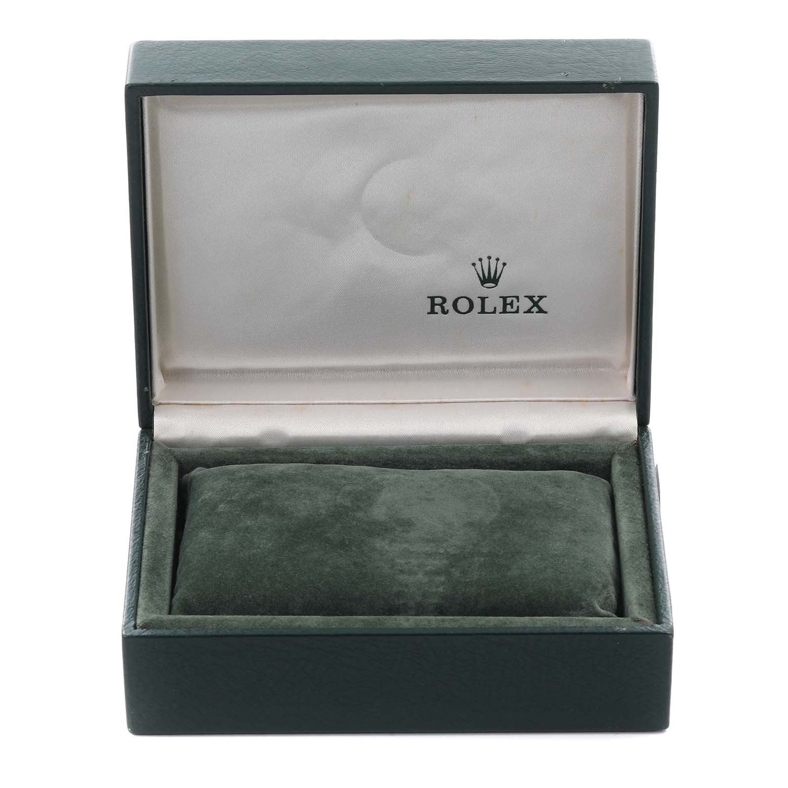 The image shows an open Rolex Datejust 16013 Men's Steel and Gold (two tone) Champagne Dial 16013 Men's Steel and Gold (two tone) Champagne Dial watch box from a front angle, with a green cushion inside.