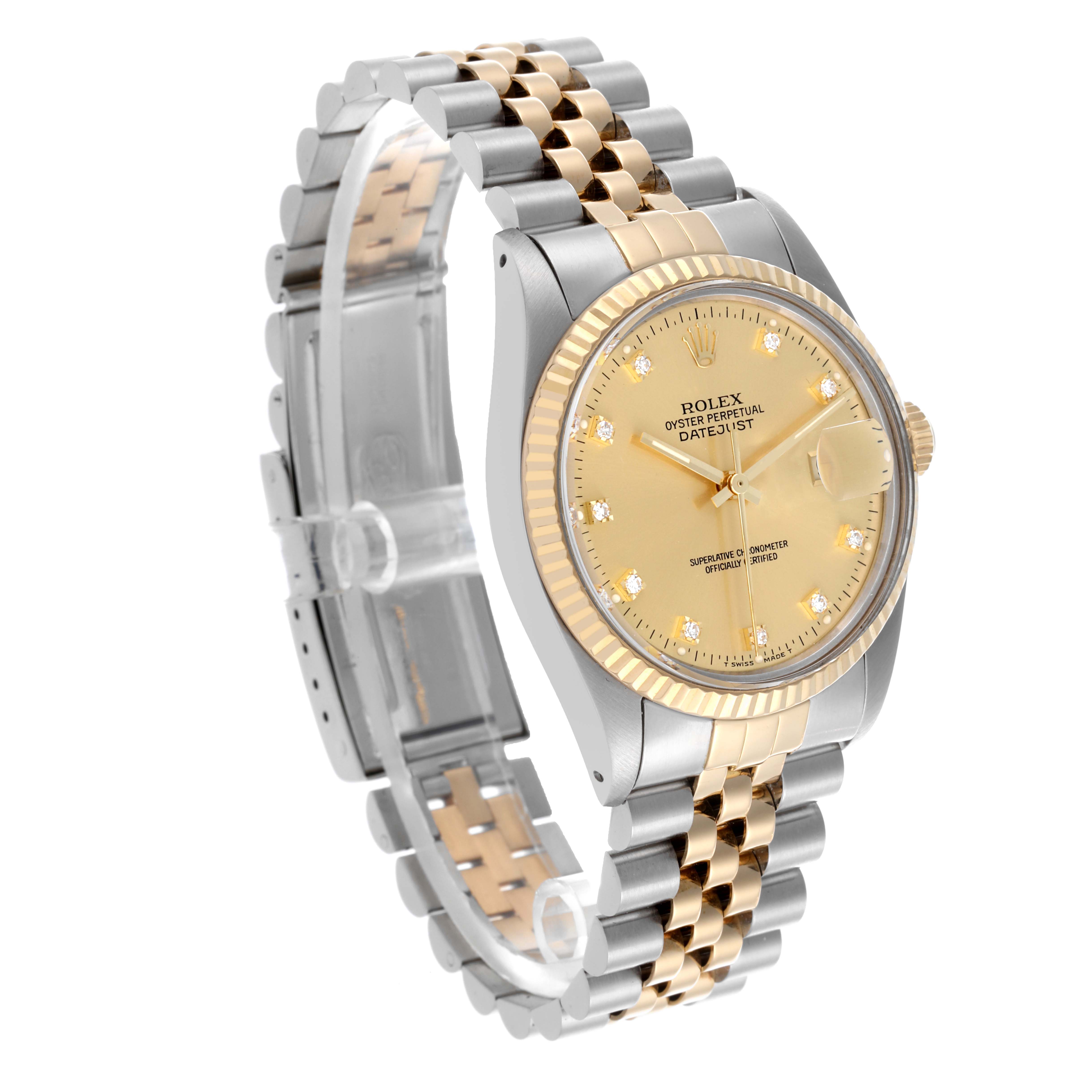 The Rolex Datejust 16013 Men's Steel and Gold (two tone) Champagne Dial 16013 Men's Steel and Gold (two tone) Champagne Dial watch is shown at a three-quarter angle, featuring its bezel, dial, and two-tone Jubilee bracelet.