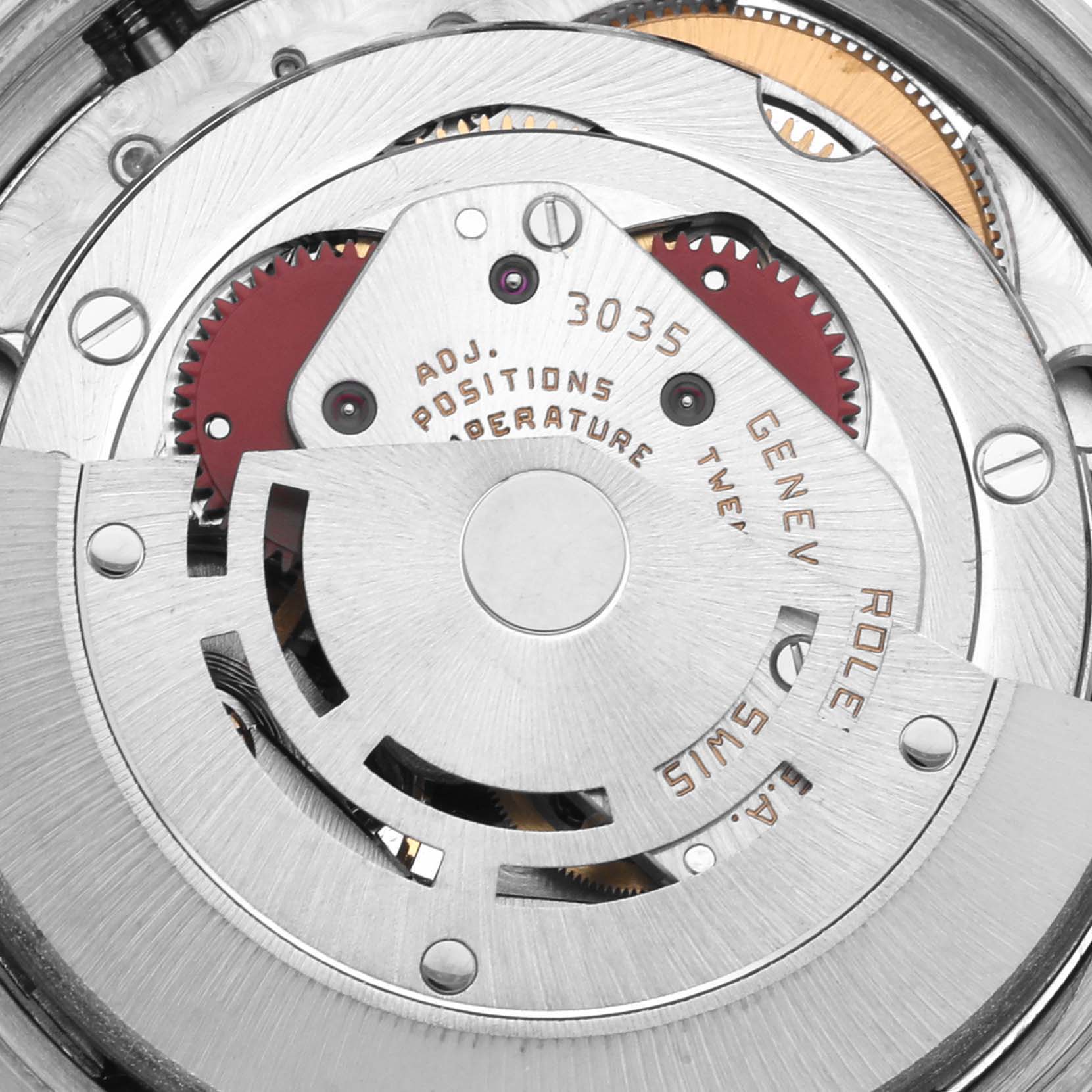 The image shows a close-up of the movement mechanism of a Rolex Datejust 16013 Men's Steel and Gold (two tone) Champagne Dial 16013 Men's Steel and Gold (two tone) Champagne Dial watch, highlighting the rotor and gears.