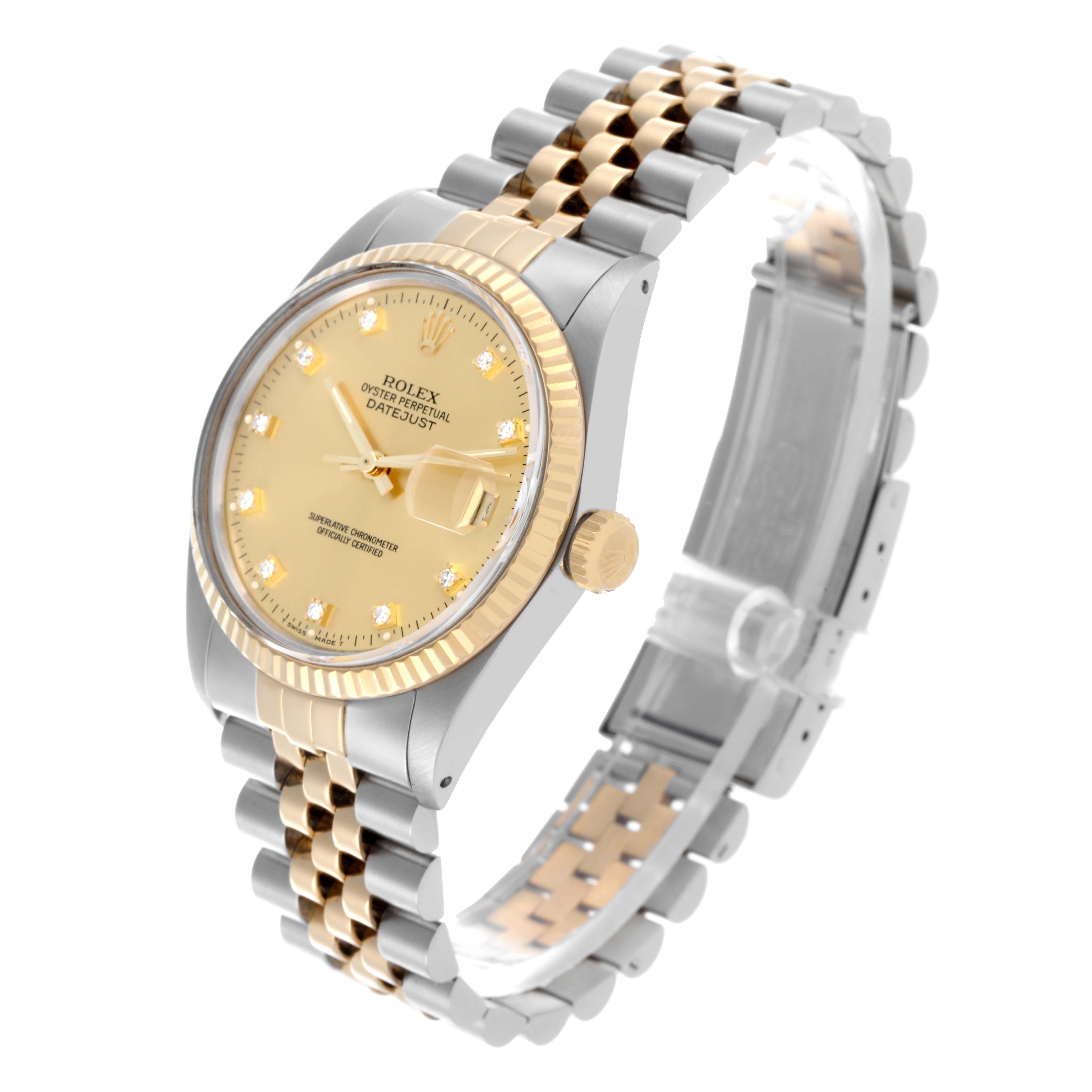 The Rolex Datejust 16013 Men's Steel and Gold (two tone) Champagne Dial 16013 Men's Steel and Gold (two tone) Champagne Dial watch is shown at a three-quarter angle highlighting the face, bezel, crown, and bracelet.