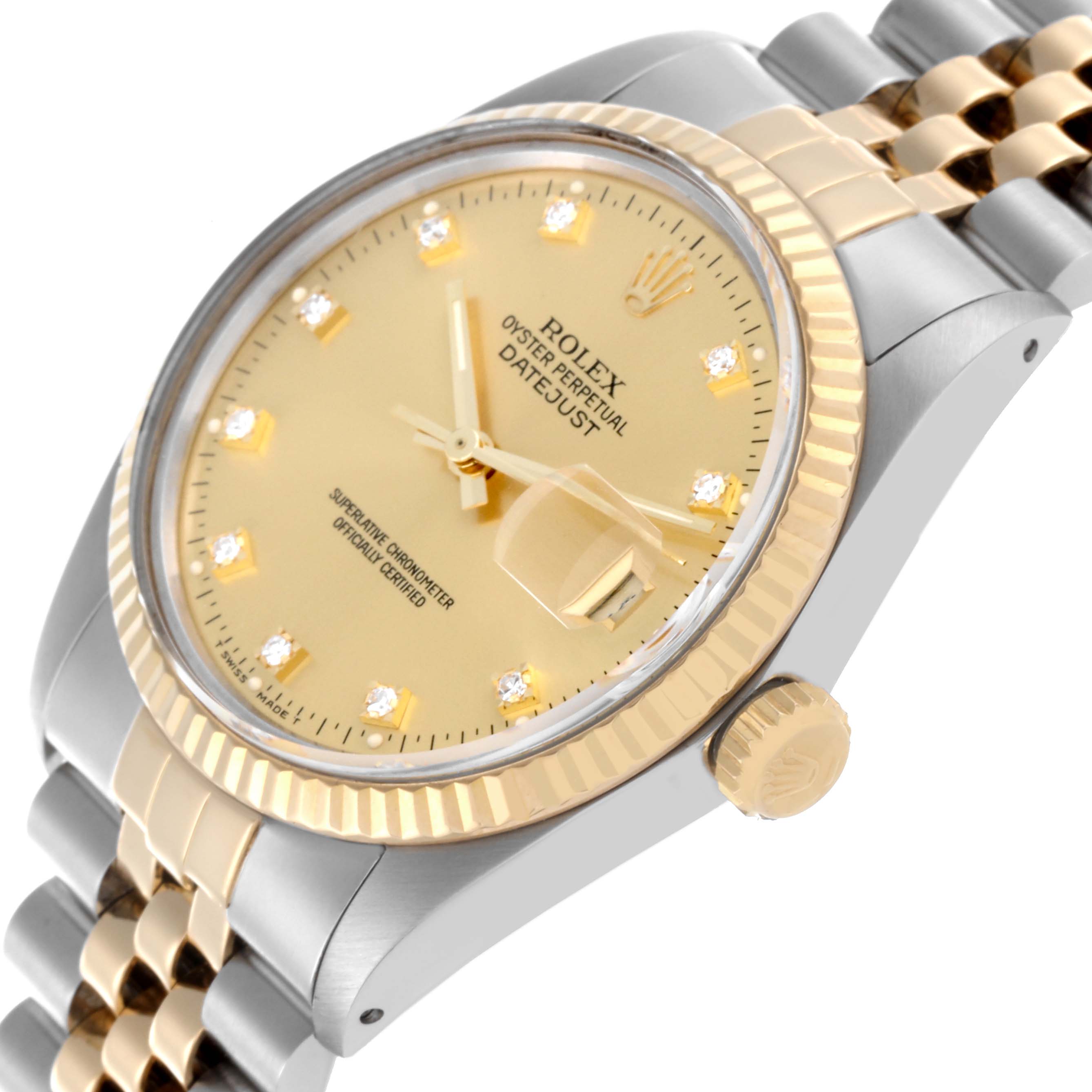 The Rolex Datejust 16013 Men's Steel and Gold (two tone) Champagne Dial 16013 Men's Steel and Gold (two tone) Champagne Dial is shown at an angle, highlighting the dial, bezel, bracelet, and crown.