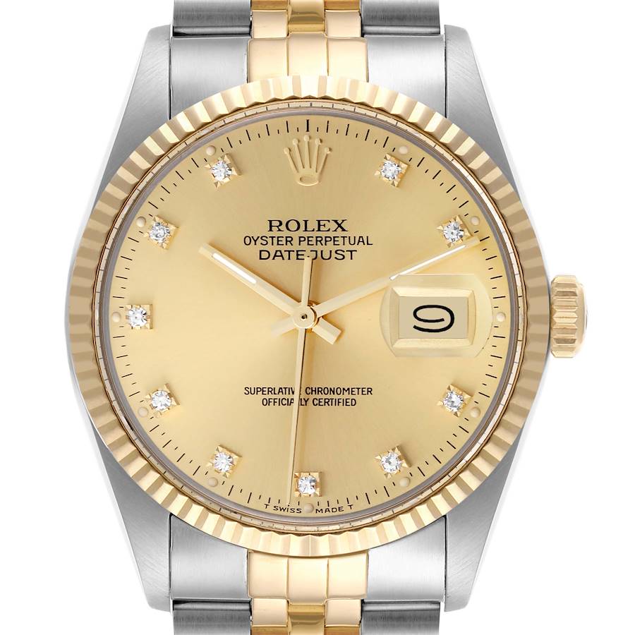 The image shows a frontal view of a Rolex Datejust watch, highlighting the dial, bezel, crown, and part of the bracelet.