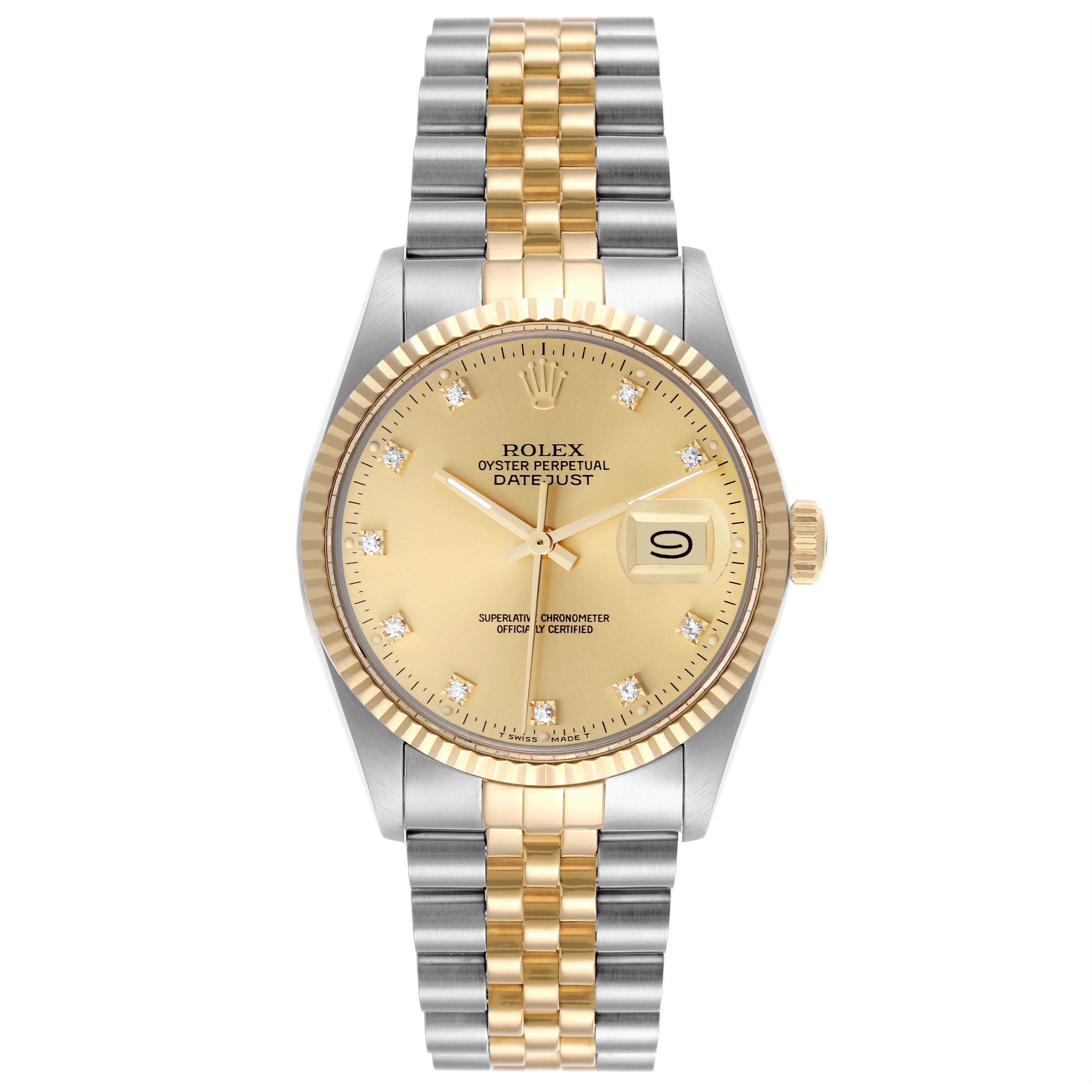 This image shows a frontal view of the Rolex Datejust 16013 Men's Steel and Gold (two tone) Champagne Dial 16013 Men's Steel and Gold (two tone) Champagne Dial watch displaying the dial, bezel, and Jubilee bracelet.