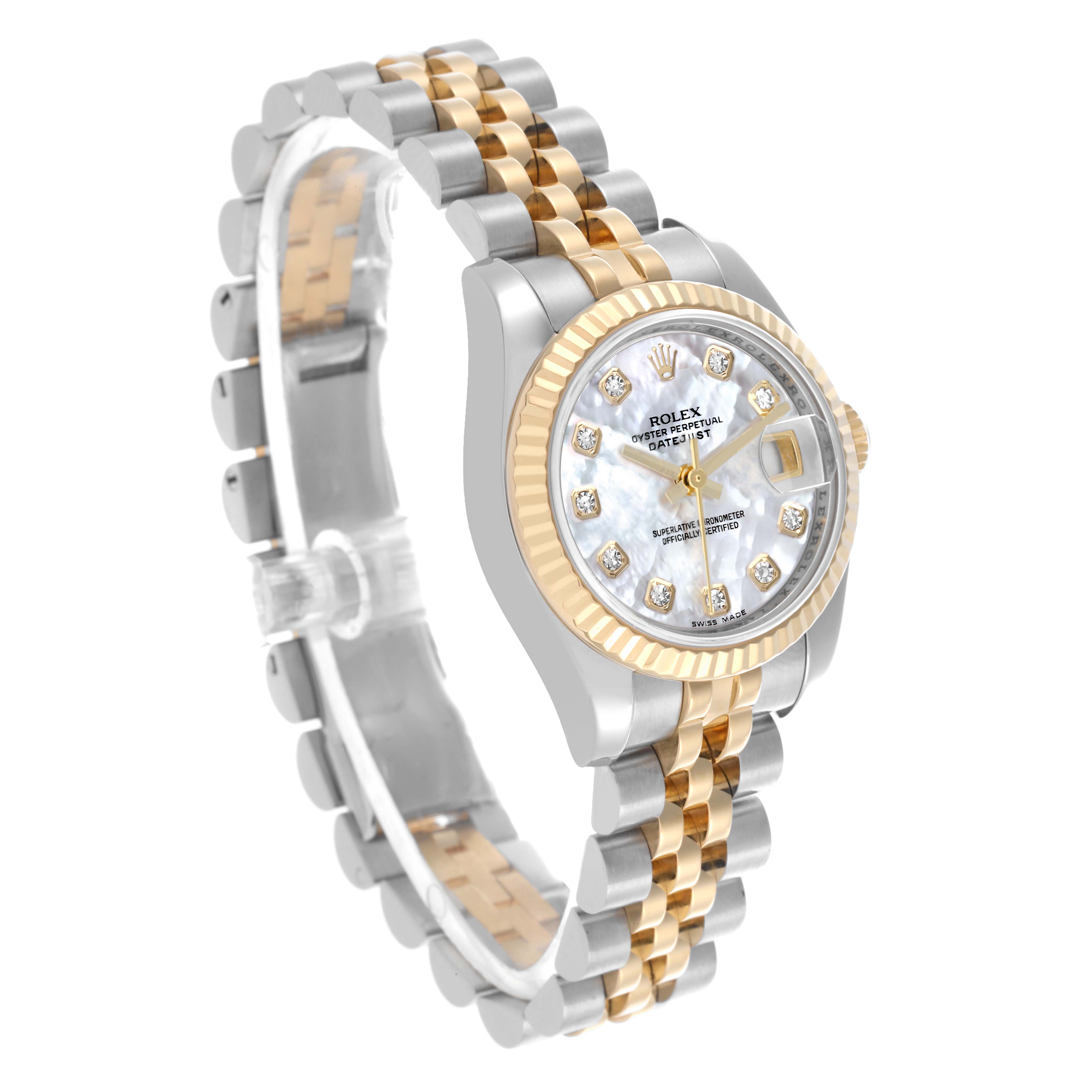 The Rolex Datejust 179173 Women's Steel and Gold (two tone) Mother of Pearl Dial 179173 Women's Steel and Gold (two tone) Mother of Pearl Dial watch is shown at an angle highlighting the face, bezel, and two-tone bracelet.