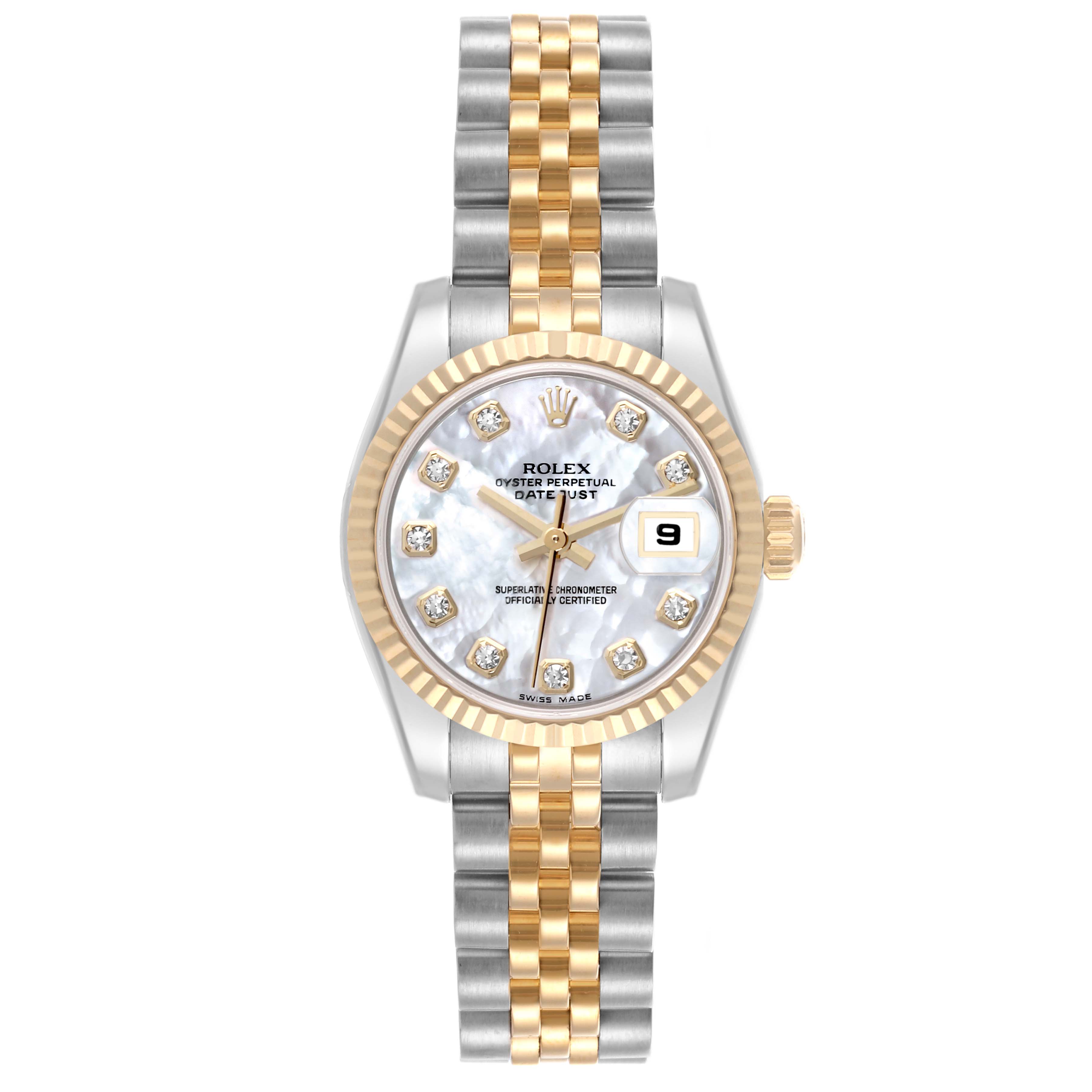 The Rolex Datejust 179173 Women's Steel and Gold (two tone) Mother of Pearl Dial 179173 Women's Steel and Gold (two tone) Mother of Pearl Dial watch is shown from the front, displaying the face, bezel, and two-tone bracelet.