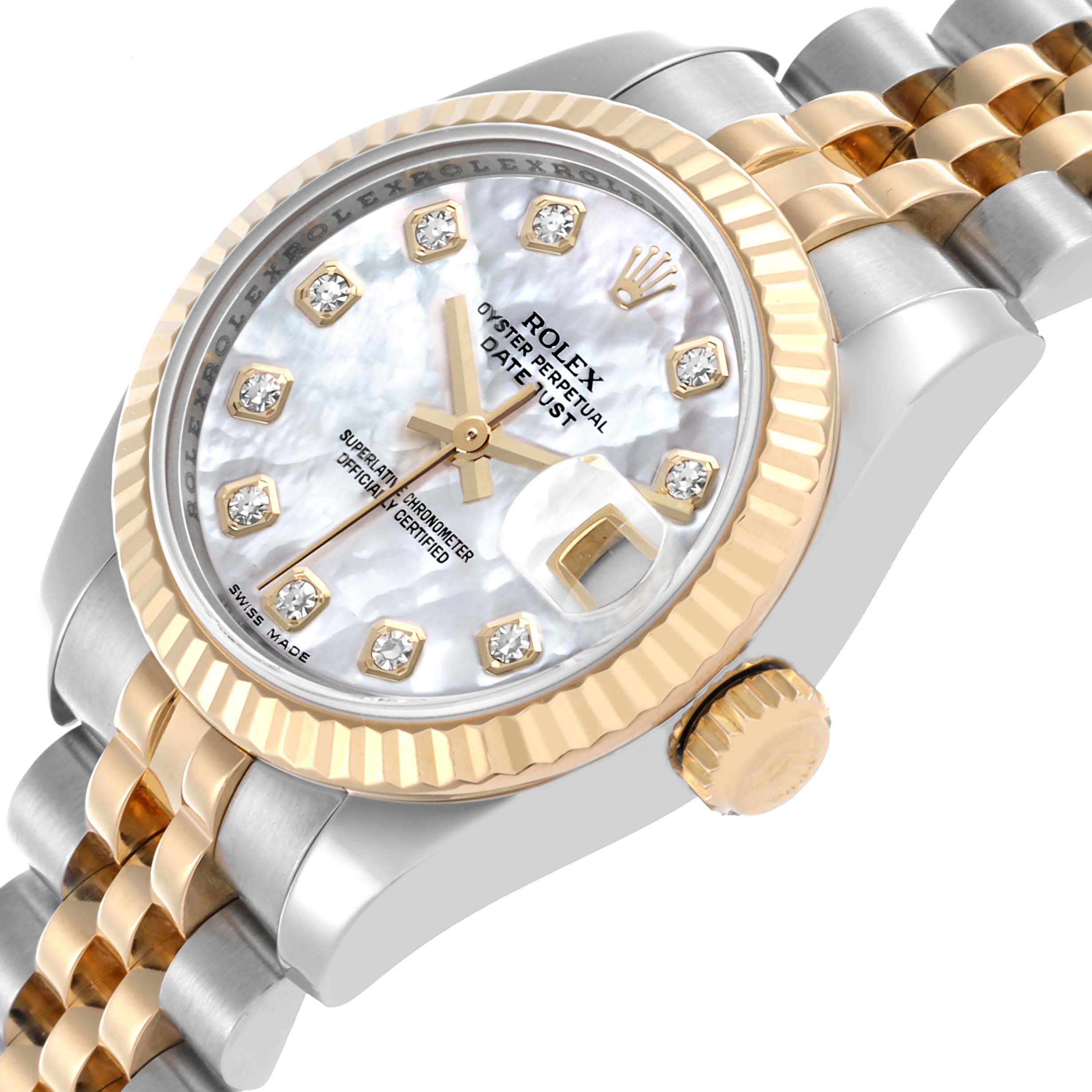 The Rolex Datejust 179173 Women's Steel and Gold (two tone) Mother of Pearl Dial 179173 Women's Steel and Gold (two tone) Mother of Pearl Dial watch is shown from a diagonal angle, displaying the face, crown, and part of the bracelet.