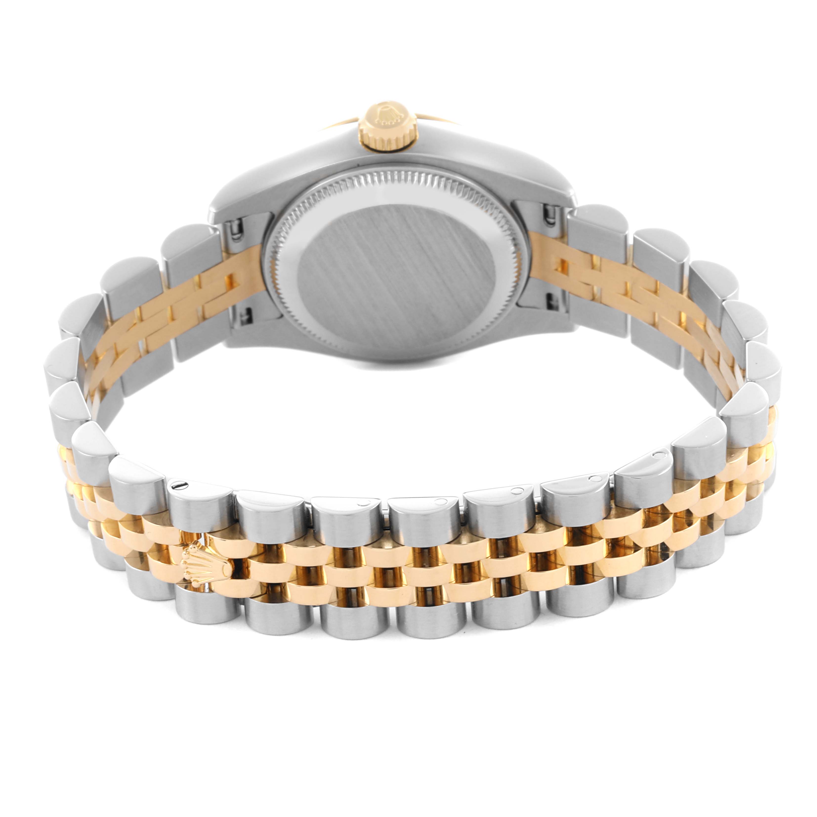 The image shows the back of a Rolex Datejust 179173 Women's Steel and Gold (two tone) Mother of Pearl Dial 179173 Women's Steel and Gold (two tone) Mother of Pearl Dial, highlighting the bicolor bracelet and case back.