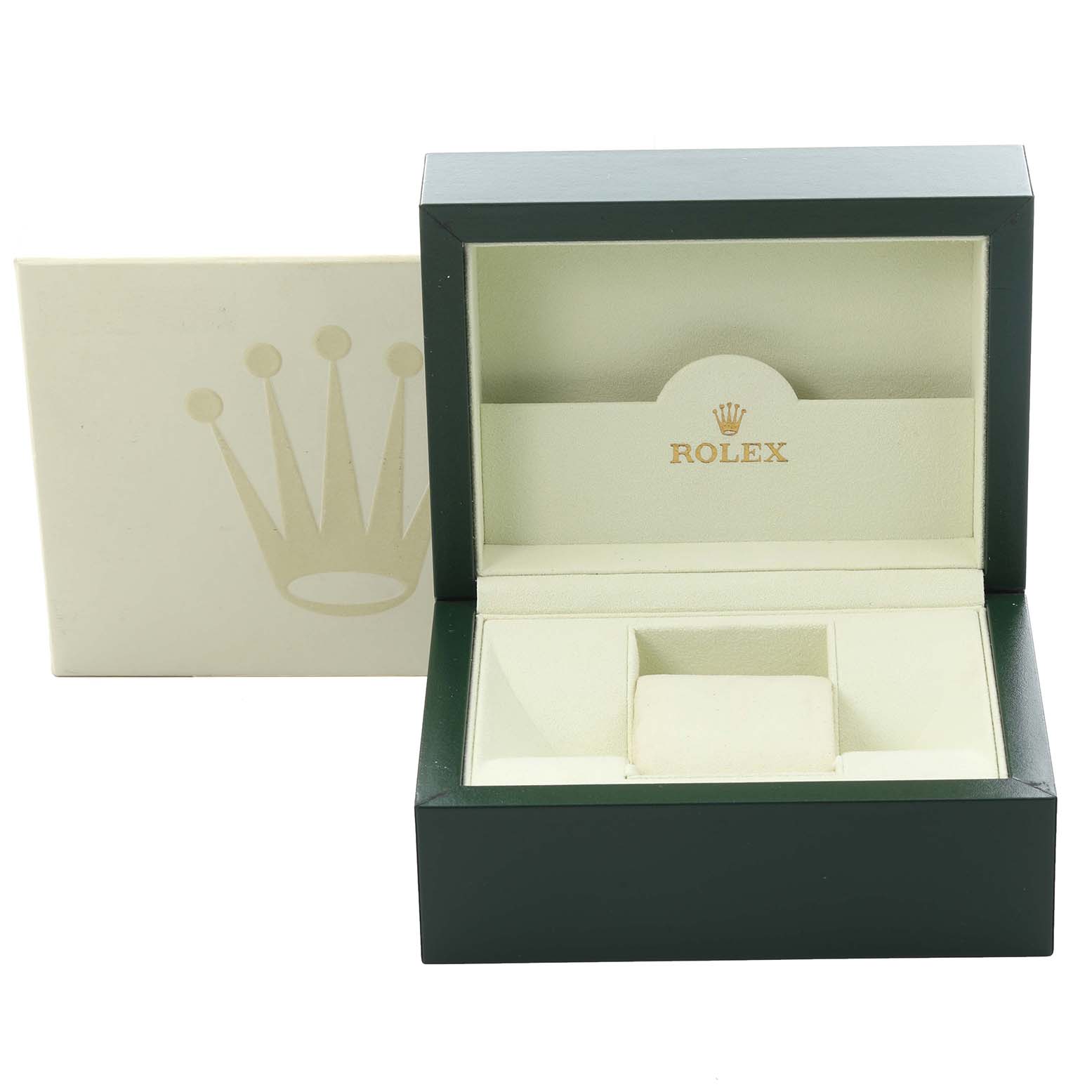 The image shows an open Rolex Datejust 179173 Women's Steel and Gold (two tone) Mother of Pearl Dial 179173 Women's Steel and Gold (two tone) Mother of Pearl Dial watch box from a front angle, displaying the plush interior and brand logo.