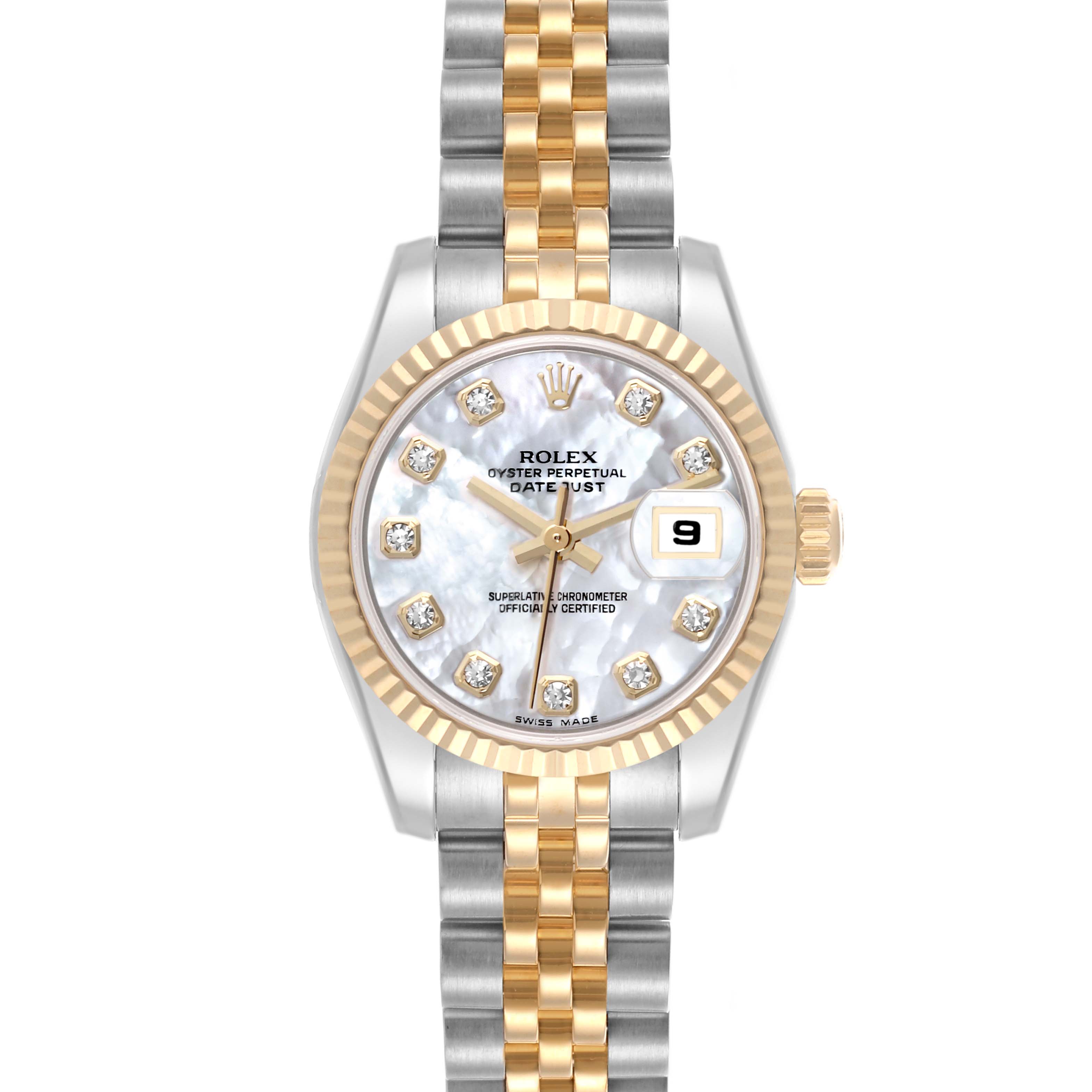 The Rolex Datejust 179173 Women's Steel and Gold (two tone) Mother of Pearl Dial 179173 Women's Steel and Gold (two tone) Mother of Pearl Dial watch is shown from a front angle, highlighting the face, bezel, and two-tone bracelet.