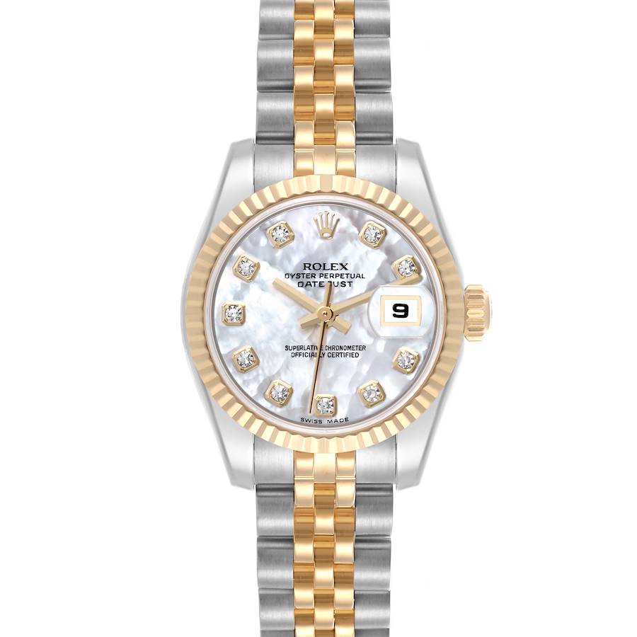 The Rolex Datejust watch is shown from a front angle, highlighting the face, bezel, and two-tone bracelet.