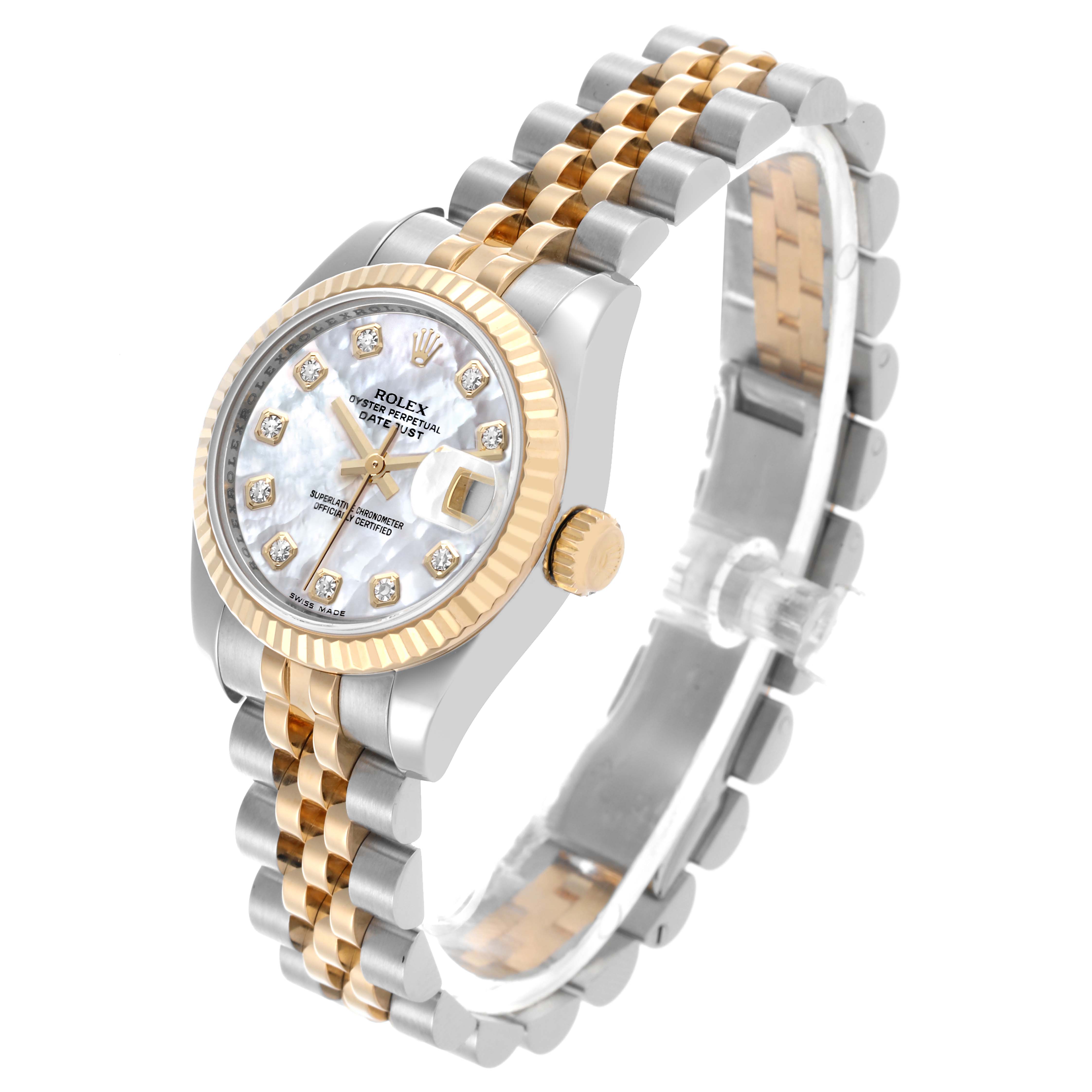 The Rolex Datejust 179173 Women's Steel and Gold (two tone) Mother of Pearl Dial 179173 Women's Steel and Gold (two tone) Mother of Pearl Dial watch is shown at a three-quarter angle highlighting the dial, bezel, and jubilee bracelet.