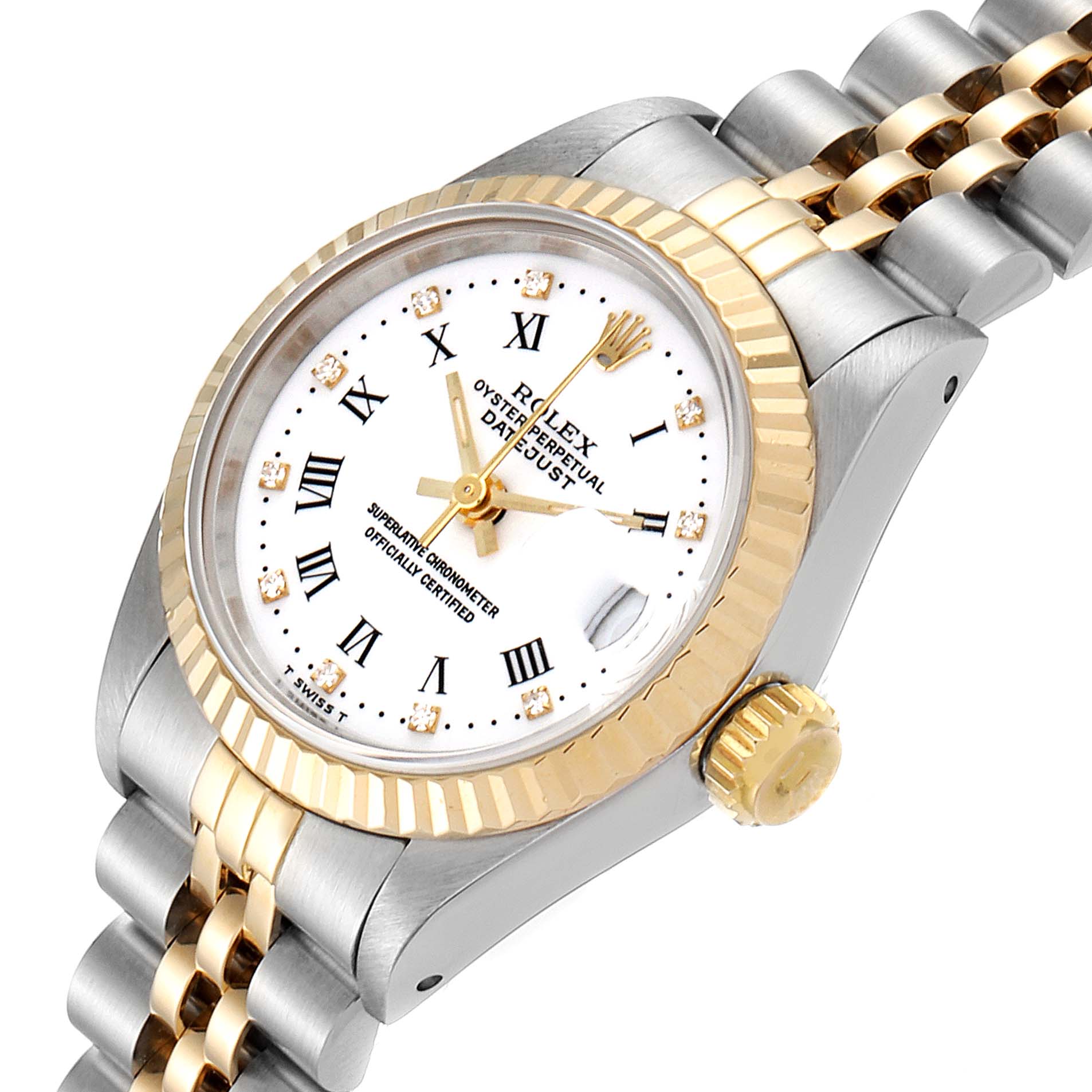 This image shows a Rolex Datejust 69173 Women's Steel and Gold (two tone) White Dial 69173 Women's Steel and Gold (two tone) White Dial watch at an angle from slightly above, highlighting the dial, bezel, and part of the bracelet.