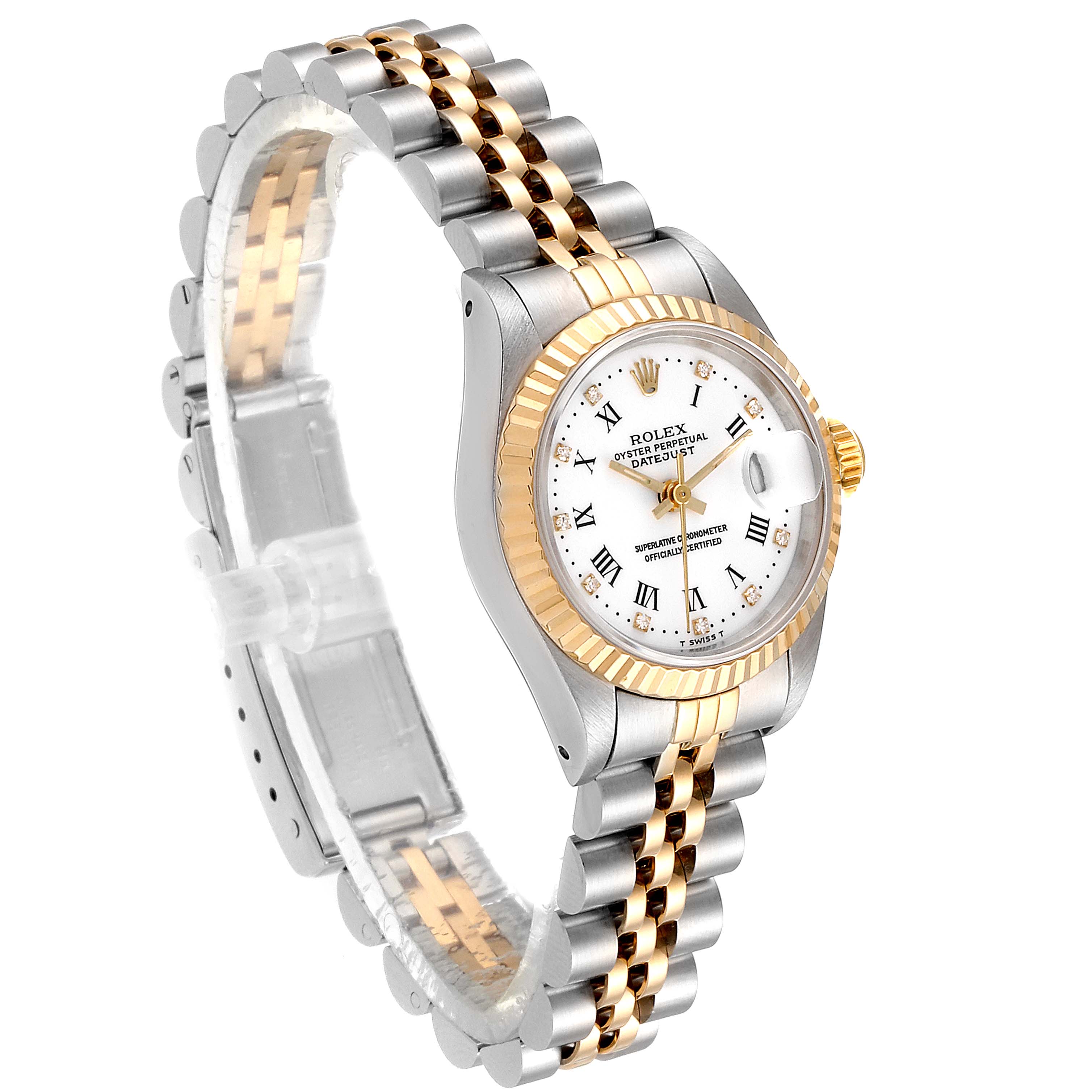 The image shows a side angle of the Rolex Datejust 69173 Women's Steel and Gold (two tone) White Dial 69173 Women's Steel and Gold (two tone) White Dial watch, highlighting its two-tone bracelet and white dial with Roman numerals.