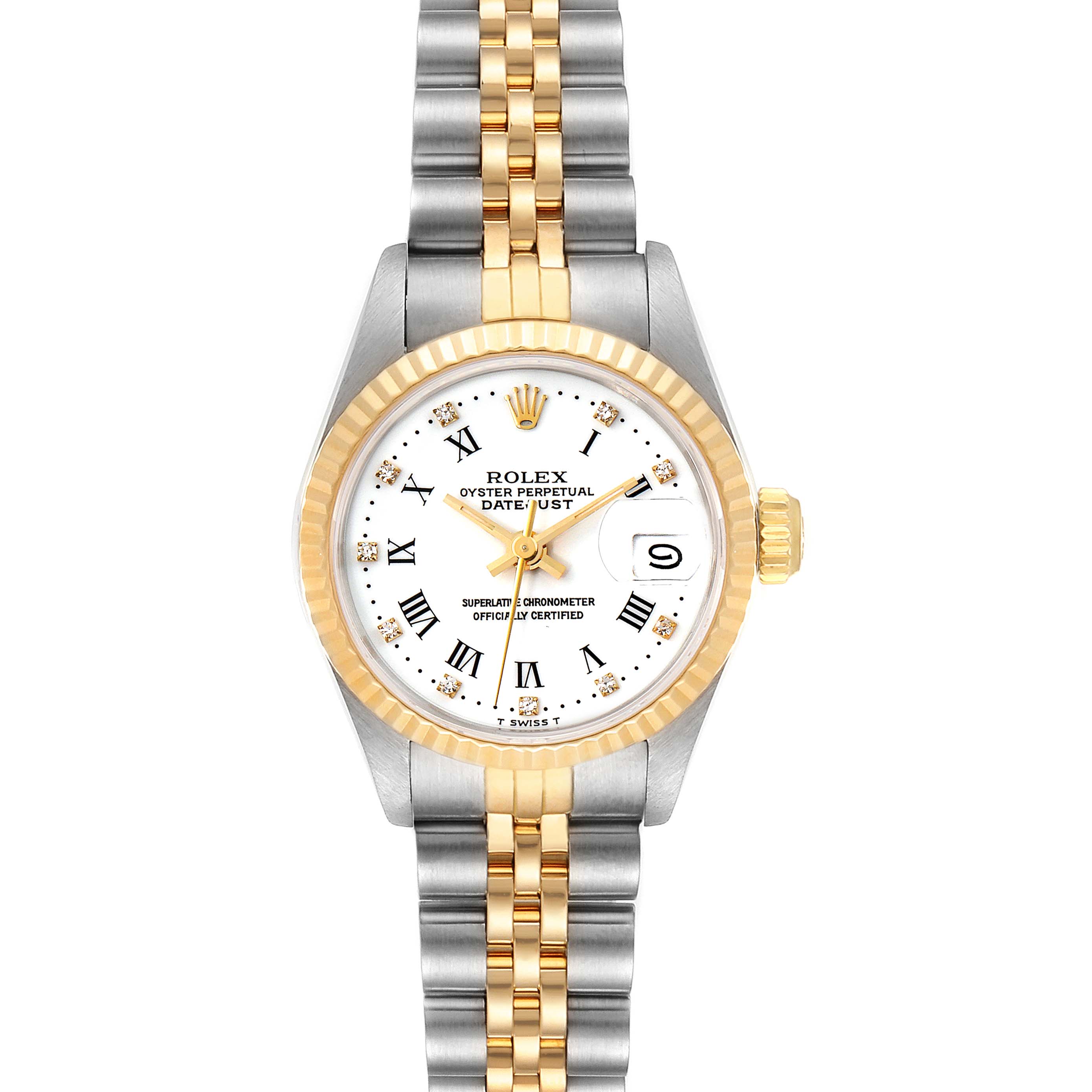 The image shows a front view of the Rolex Datejust 69173 Women's Steel and Gold (two tone) White Dial 69173 Women's Steel and Gold (two tone) White Dial watch, highlighting its two-tone bracelet, white dial, and date window.