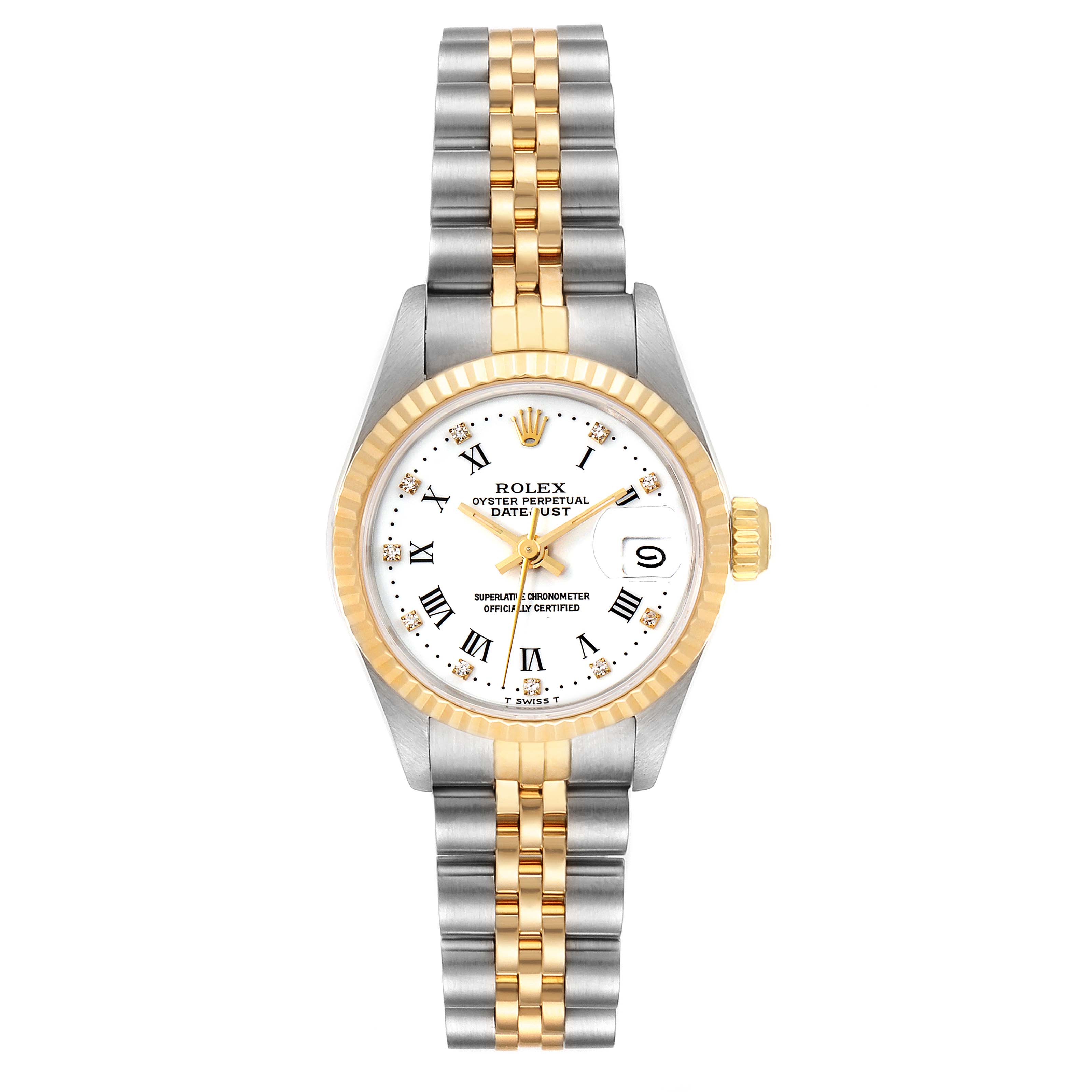 The image shows a front view of the Rolex Datejust 69173 Women's Steel and Gold (two tone) White Dial 69173 Women's Steel and Gold (two tone) White Dial watch, highlighting its dual-tone bracelet, white dial, and gold fluted bezel.