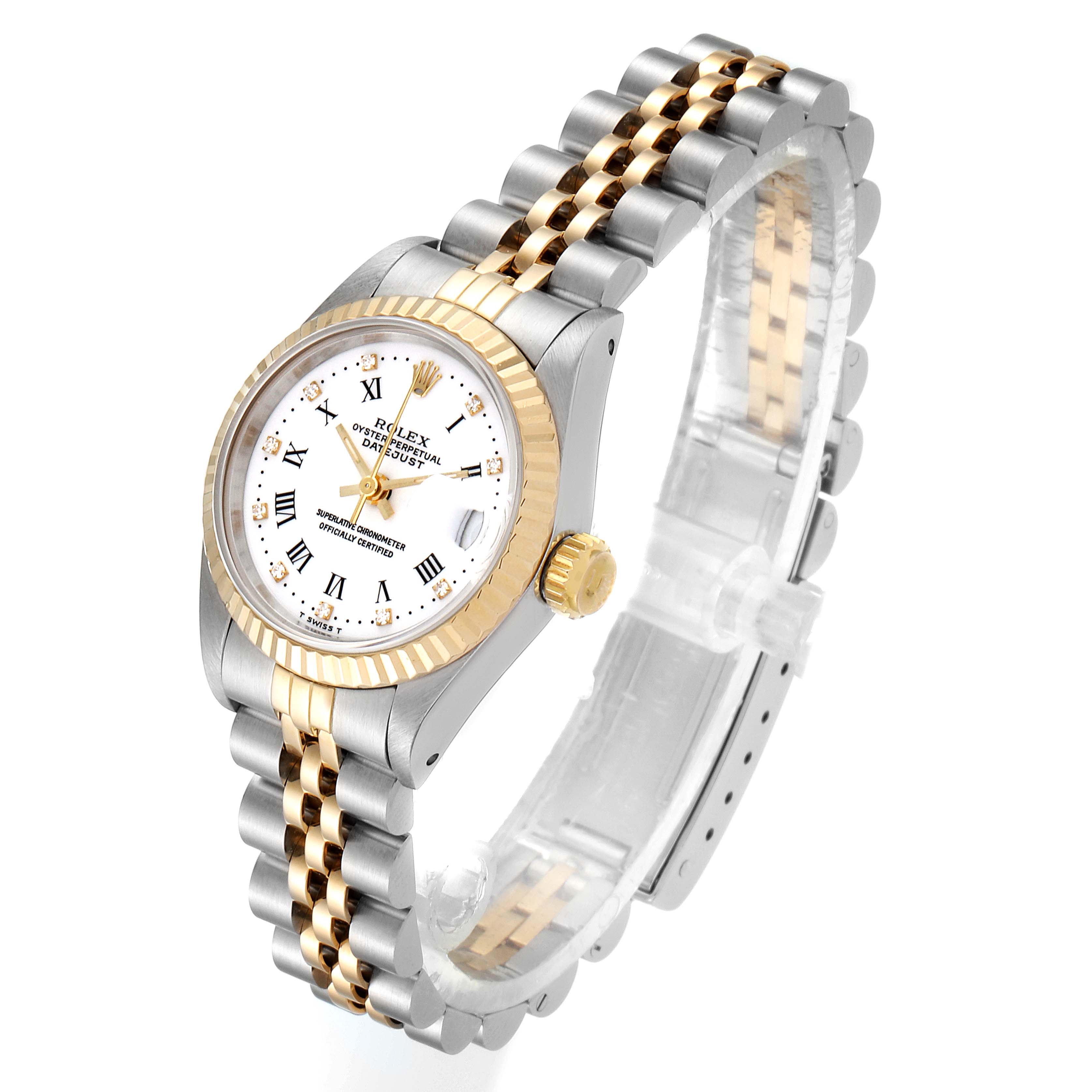 The Rolex Datejust 69173 Women's Steel and Gold (two tone) White Dial 69173 Women's Steel and Gold (two tone) White Dial watch is shown at a slight side angle, displaying the face, bezel, crown, and two-tone bracelet.
