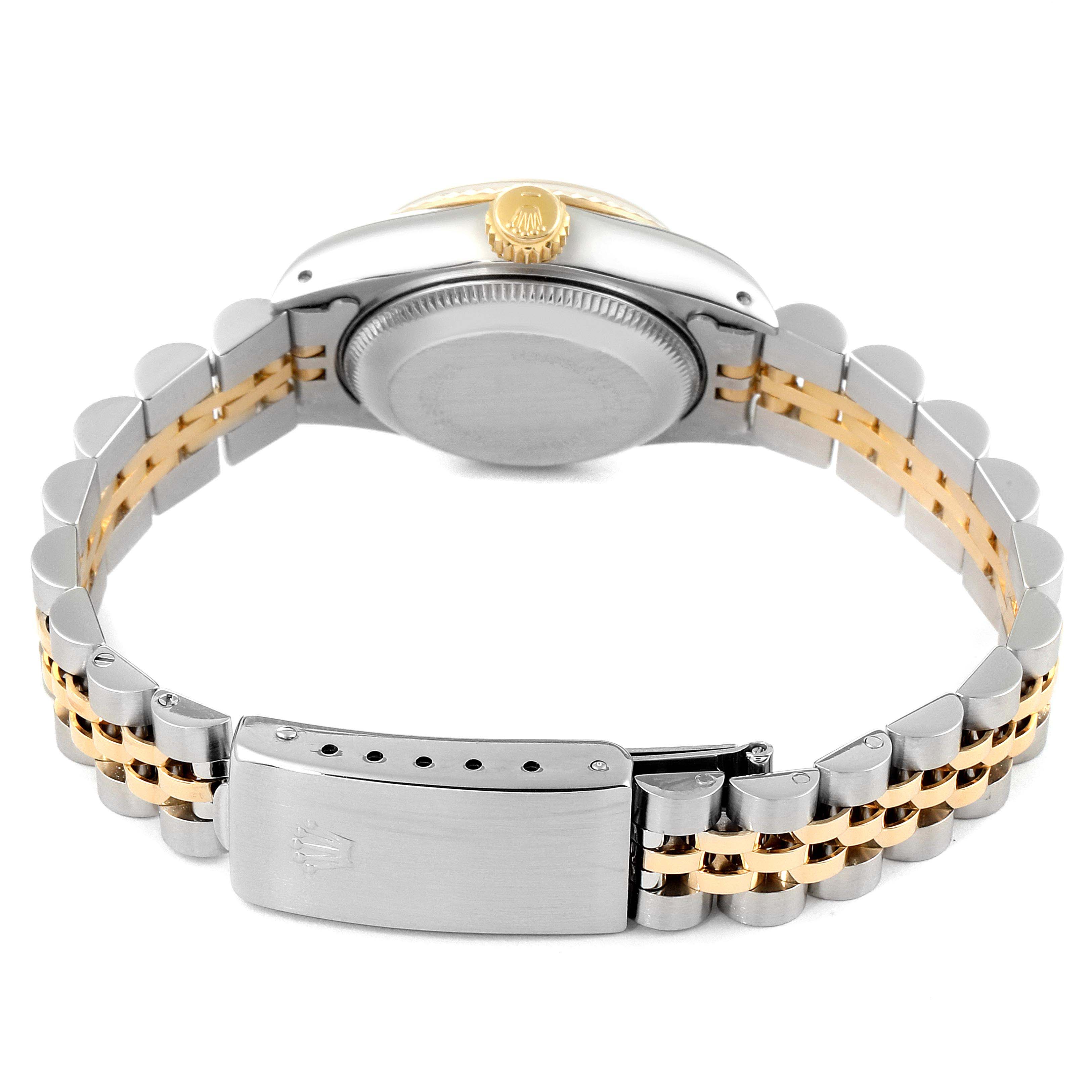 The image shows a side and back view of a Rolex Datejust 69173 Women's Steel and Gold (two tone) White Dial 69173 Women's Steel and Gold (two tone) White Dial watch, focusing on the bracelet and case back.