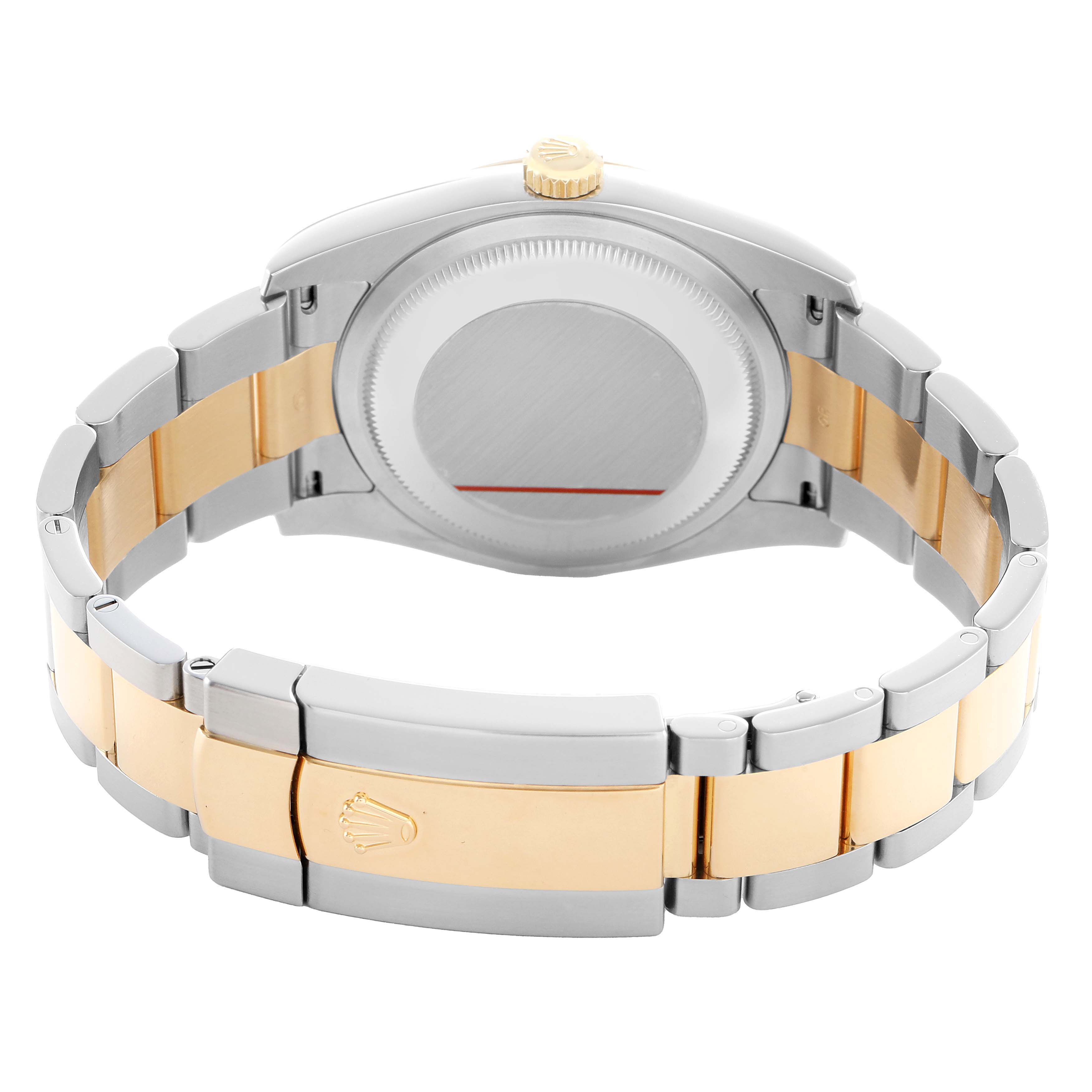 The image shows the back case and bracelet of a Rolex Datejust 116203 Men's Steel and Gold (two tone) White Dial, highlighting the two-tone metal links and clasp.