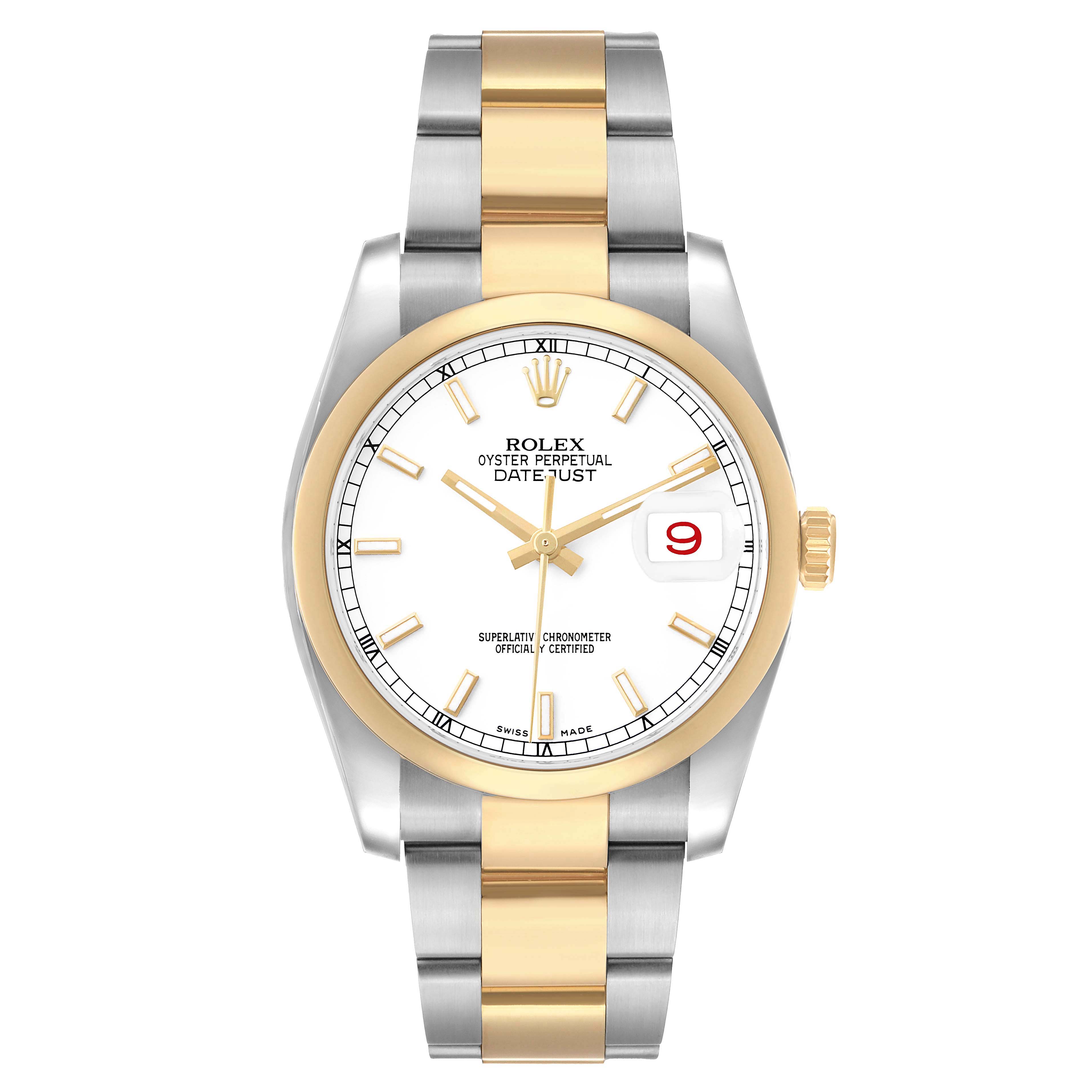 This Rolex Datejust 116203 Men's Steel and Gold (two tone) White Dial watch is shown from a front view, highlighting its two-tone bracelet, white dial, and date window.