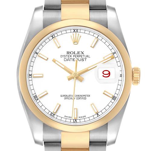 The Rolex Datejust 116203 Men's Steel and Gold (two tone) White Dial watch is shown from a front view, highlighting the dial, bezel, and crown.
