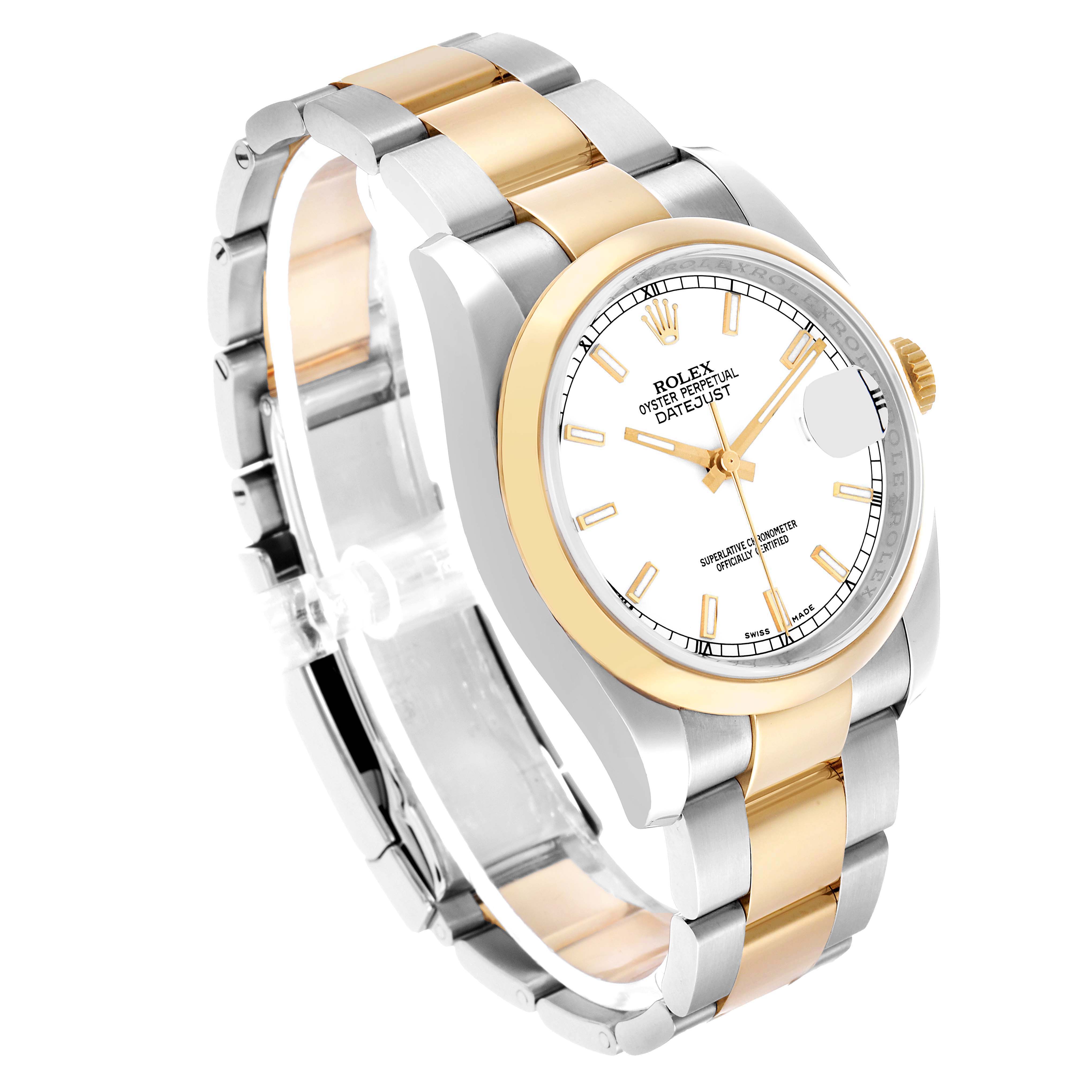 The Rolex Datejust 116203 Men's Steel and Gold (two tone) White Dial watch is shown at an angled side view, displaying its two-tone bracelet, dial, and bezel.