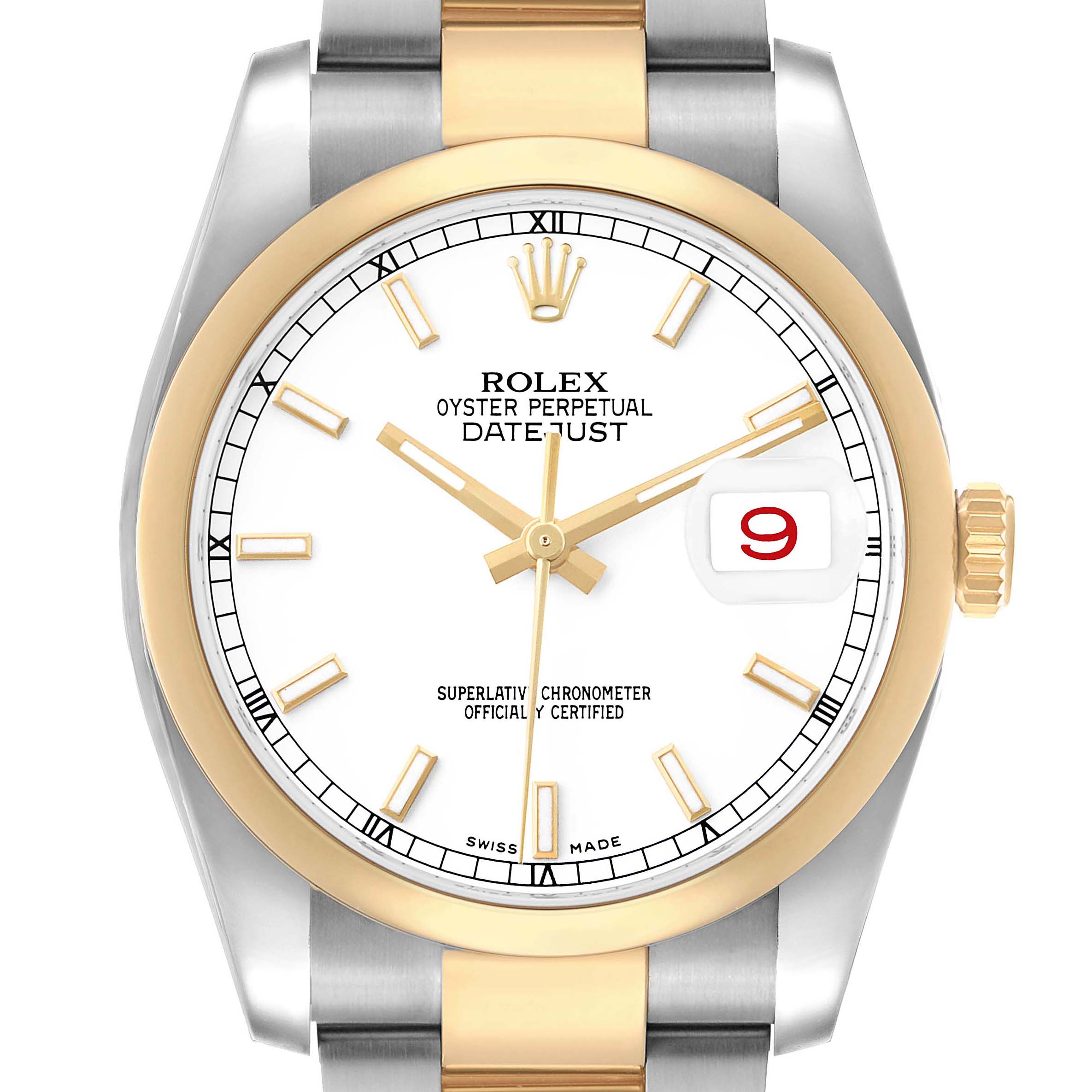 The Rolex Datejust 116203 Men's Steel and Gold (two tone) White Dial watch is shown from a top-down angle, highlighting its face, bezel, and part of the bracelet.