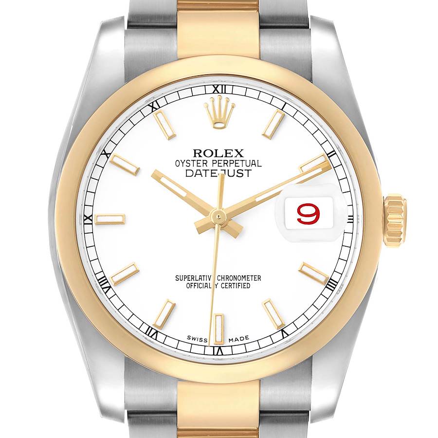 The Rolex Datejust 116203 Men's Steel and Gold (two tone) White Dial watch is shown from a top-down angle, highlighting its face, bezel, and part of the bracelet.