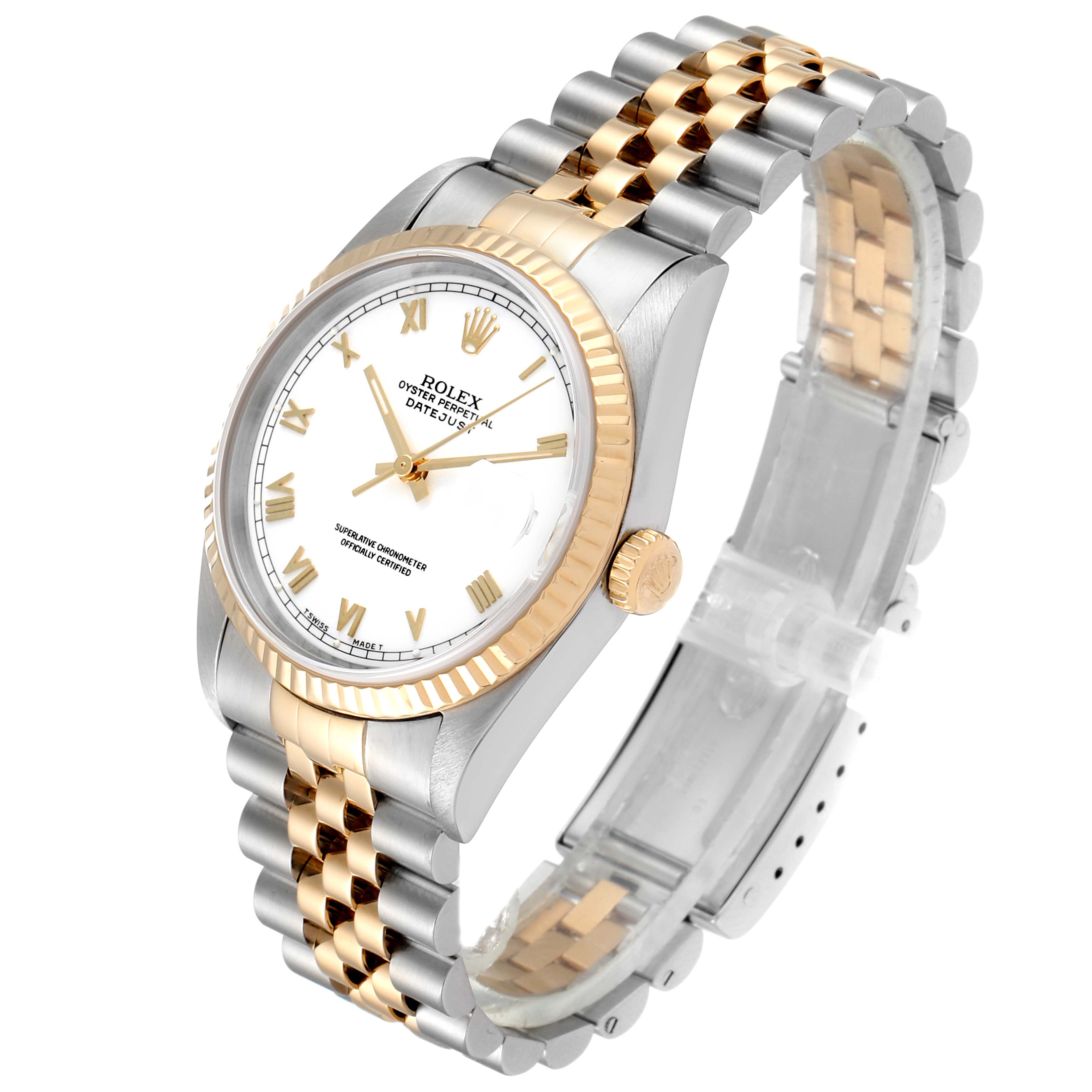 The Rolex Datejust 16233 Men's Steel and Gold (two tone) White Dial 16233 Men's Steel and Gold (two tone) White Dial watch is shown at an angled top-down view, highlighting the face, bezel, crown, and Jubilee bracelet.
