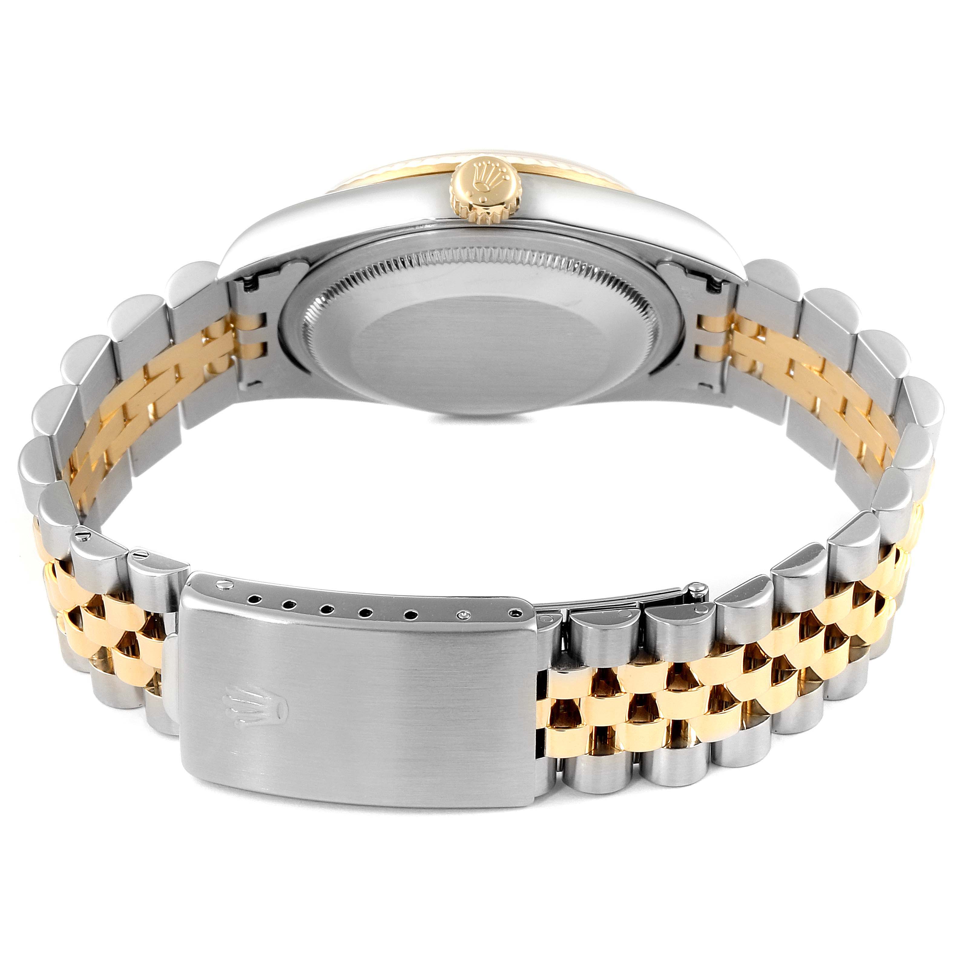 The image shows the back view of a Rolex Datejust 16233 Men's Steel and Gold (two tone) White Dial 16233 Men's Steel and Gold (two tone) White Dial watch, focusing on the case back and two-tone bracelet.