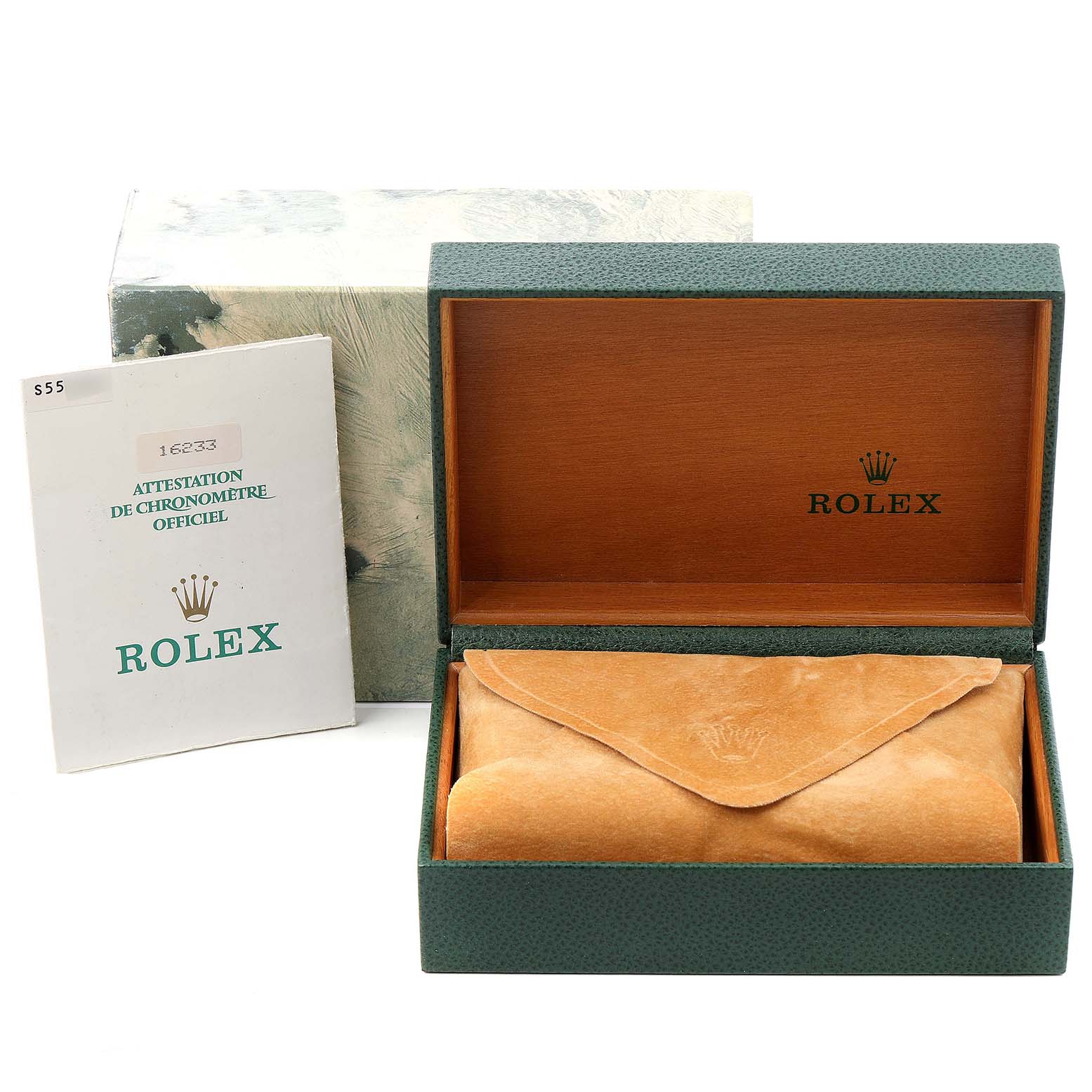 The image shows the packaging, including the box, case, and manual for the Rolex Datejust 16233 Men's Steel and Gold (two tone) White Dial 16233 Men's Steel and Gold (two tone) White Dial model.