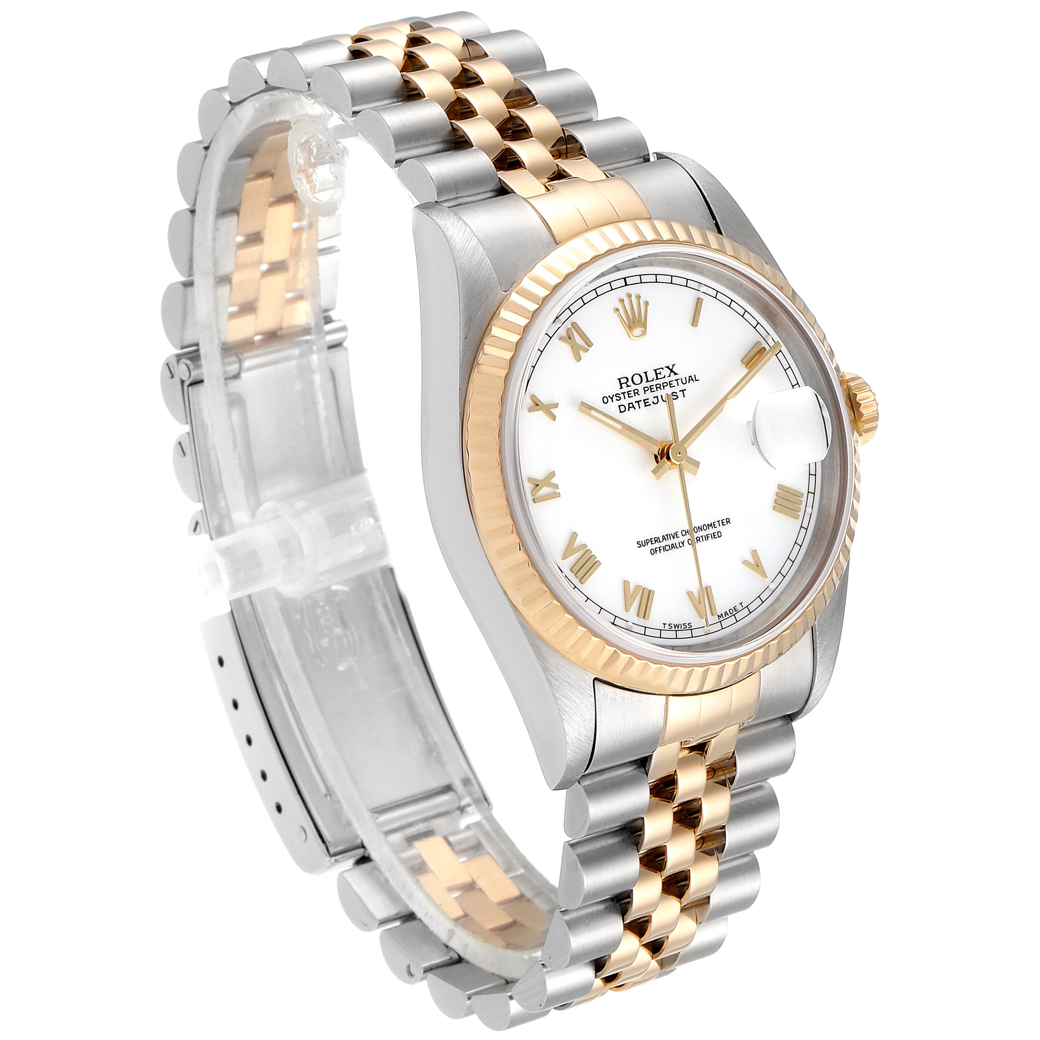 The Rolex Datejust 16233 Men's Steel and Gold (two tone) White Dial 16233 Men's Steel and Gold (two tone) White Dial watch is shown at a three-quarter angle, highlighting its dial, fluted bezel, and Jubilee bracelet.