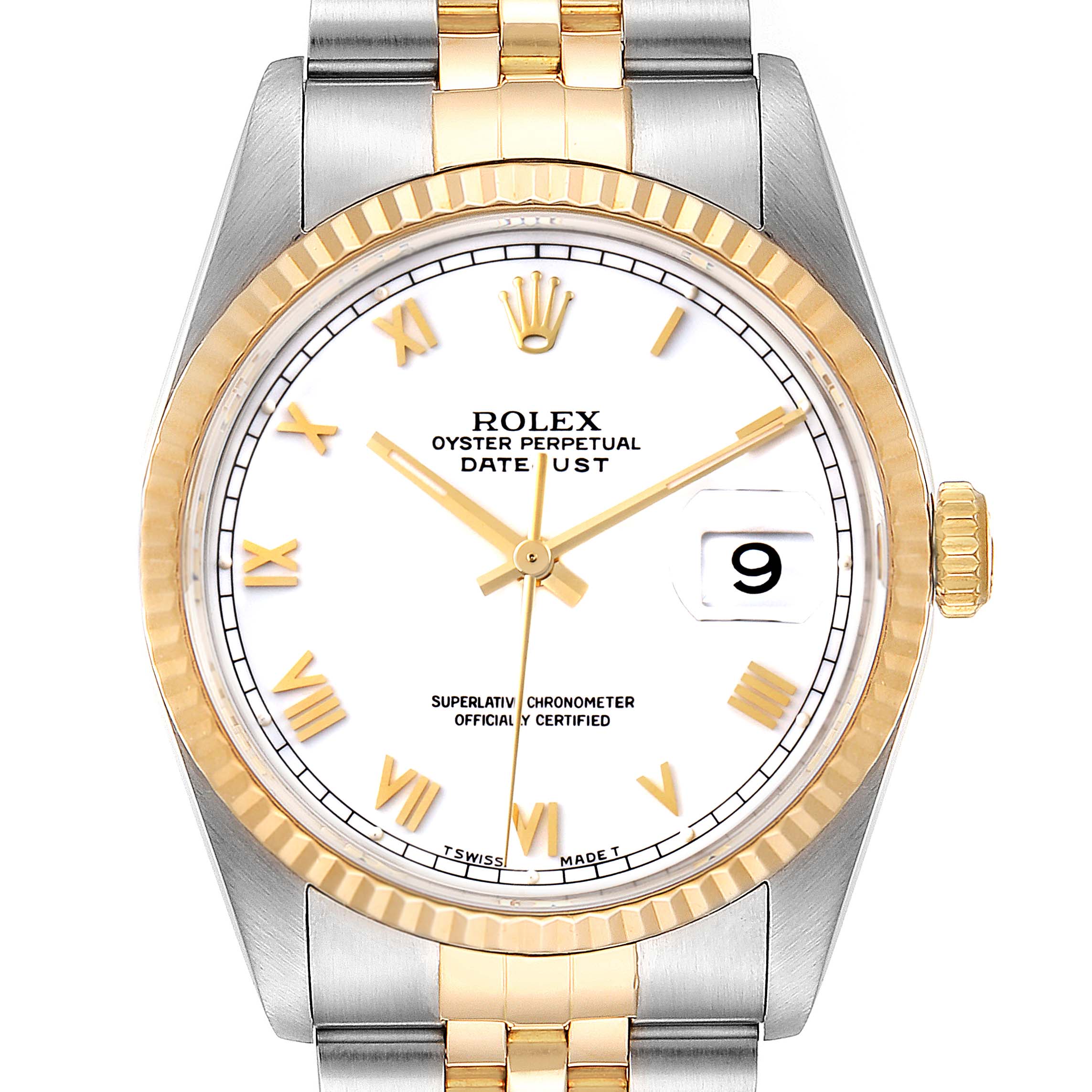 The image shows a front view of a Rolex Datejust 16233 Men's Steel and Gold (two tone) White Dial 16233 Men's Steel and Gold (two tone) White Dial watch, highlighting its dial, bezel, crown, and bracelet.