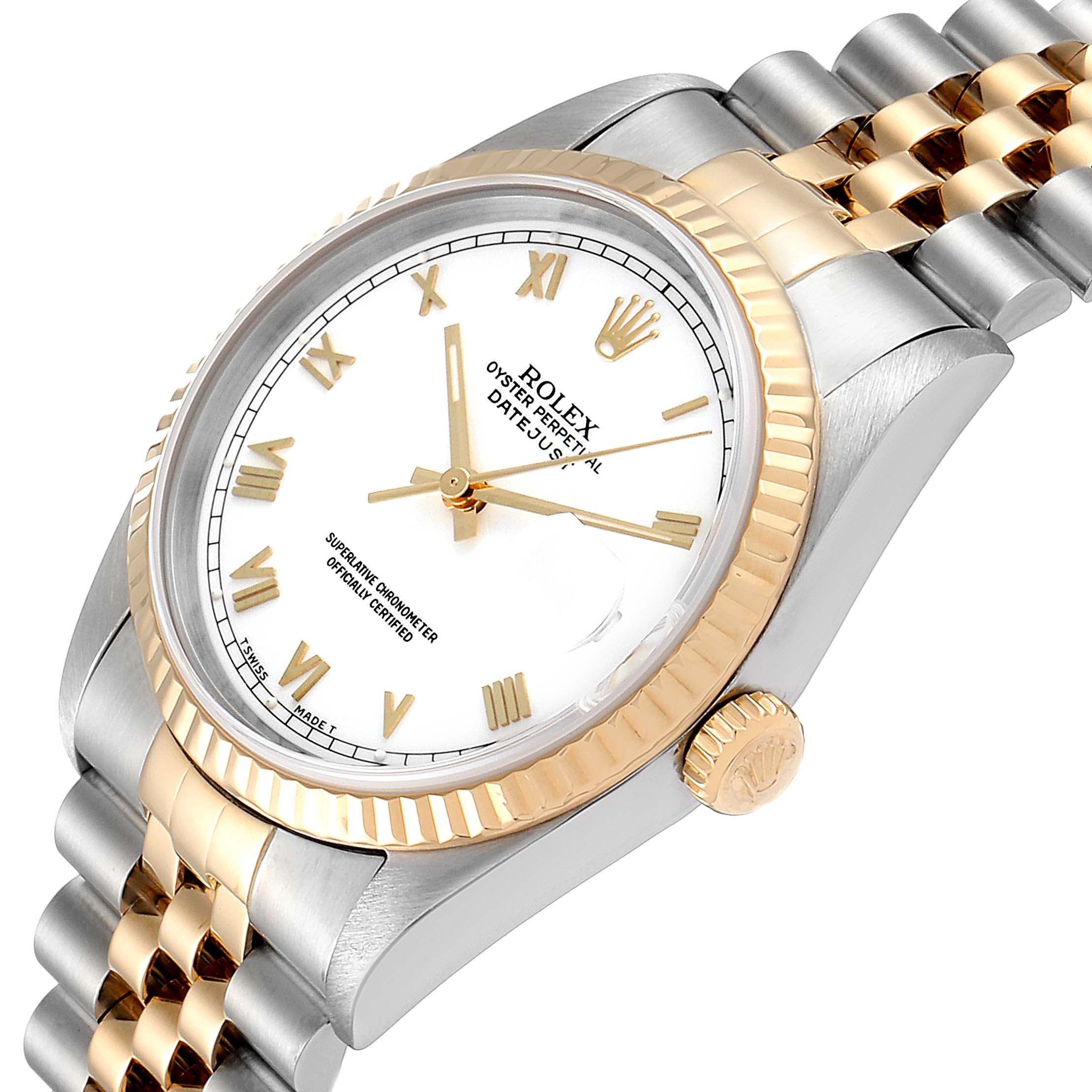 The image shows a Rolex Datejust 16233 Men's Steel and Gold (two tone) White Dial 16233 Men's Steel and Gold (two tone) White Dial watch from an angled view, highlighting the gold and silver bracelet, bezel, crown, and white dial.